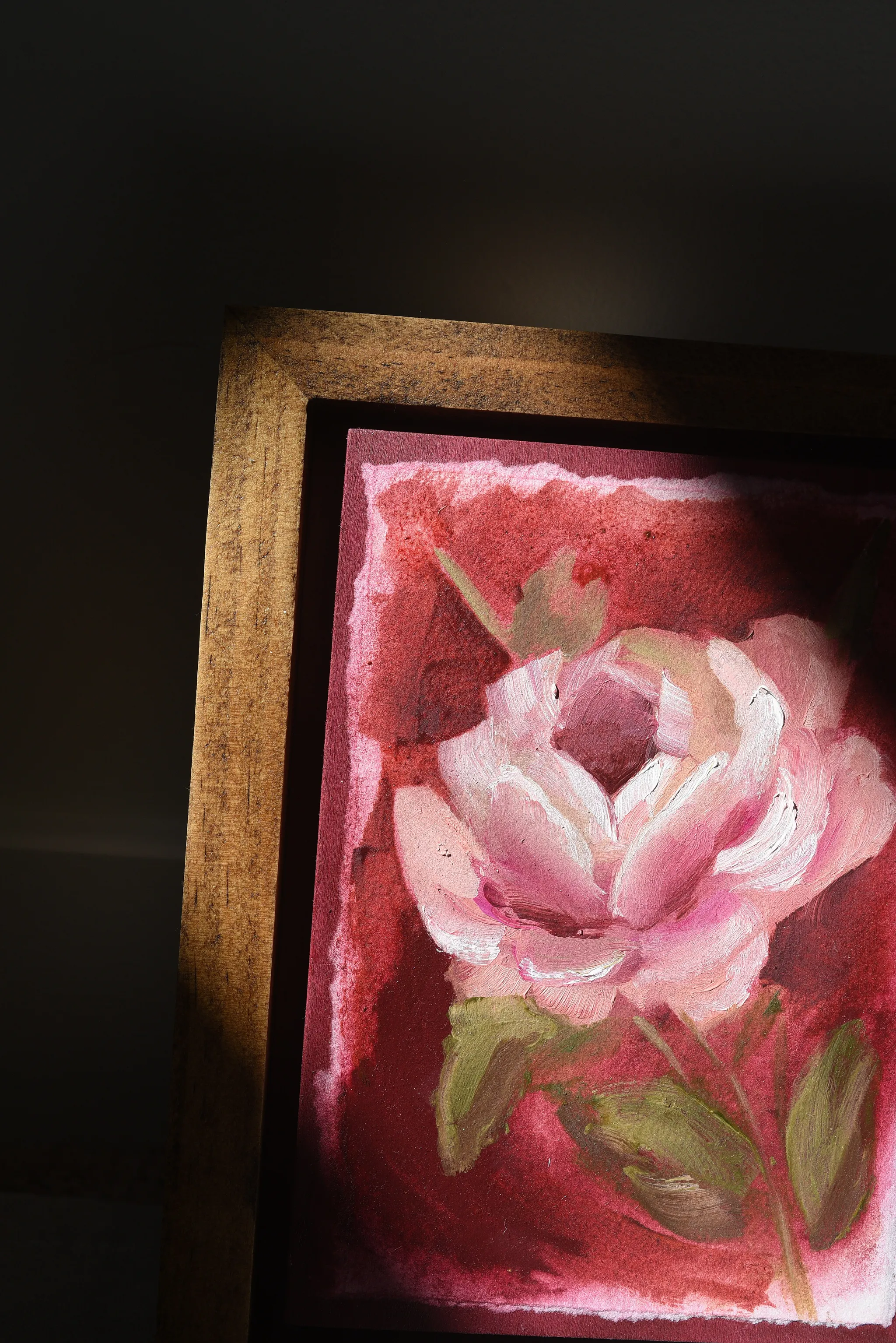 Elegant Bloom, view 5 of 9: A rose blooms against a deep magenta background, rendered in acrylic and oil on paper.