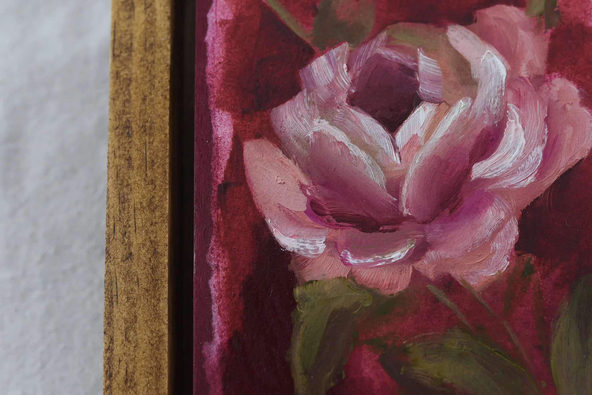 Elegant Bloom, view 6 of 9: A rose blooms against a deep magenta background, rendered in acrylic and oil on paper.