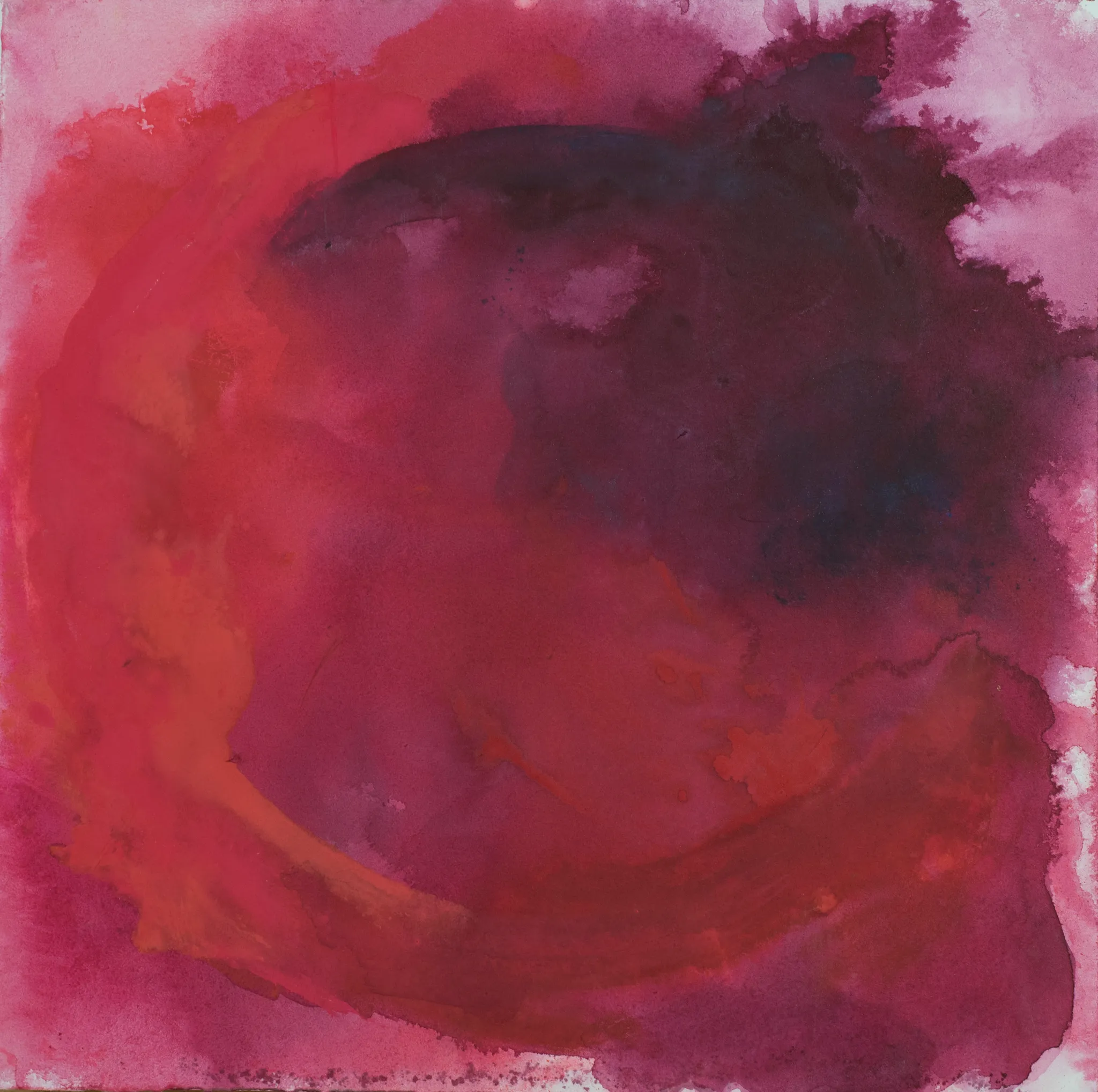 A square painting in deep crimson, rose and dark wine red, with a loose brushed circle swept through the washes.