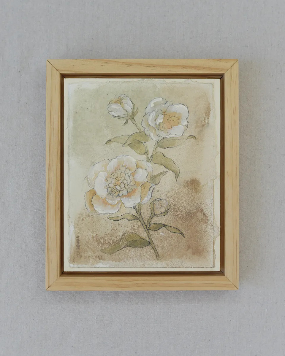 This earthy-toned sketch of peonies and roses captures simplicity and elegance, with soft taupes, light greens, and whites.