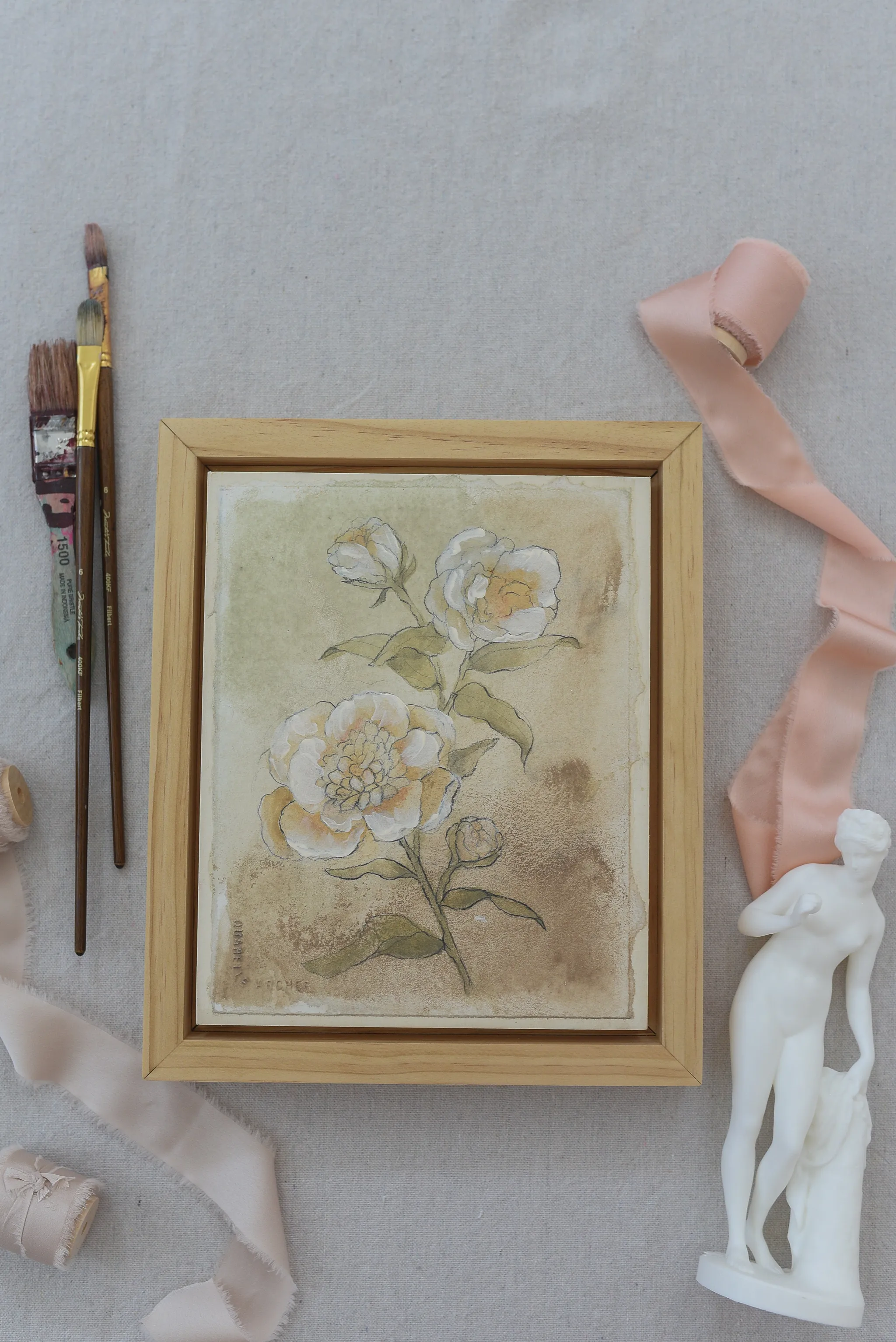Gentle Bloom, view 4 of 13: this earthy-toned sketch of peonies and roses captures simplicity and elegance, with soft taupes, light greens, and whites.