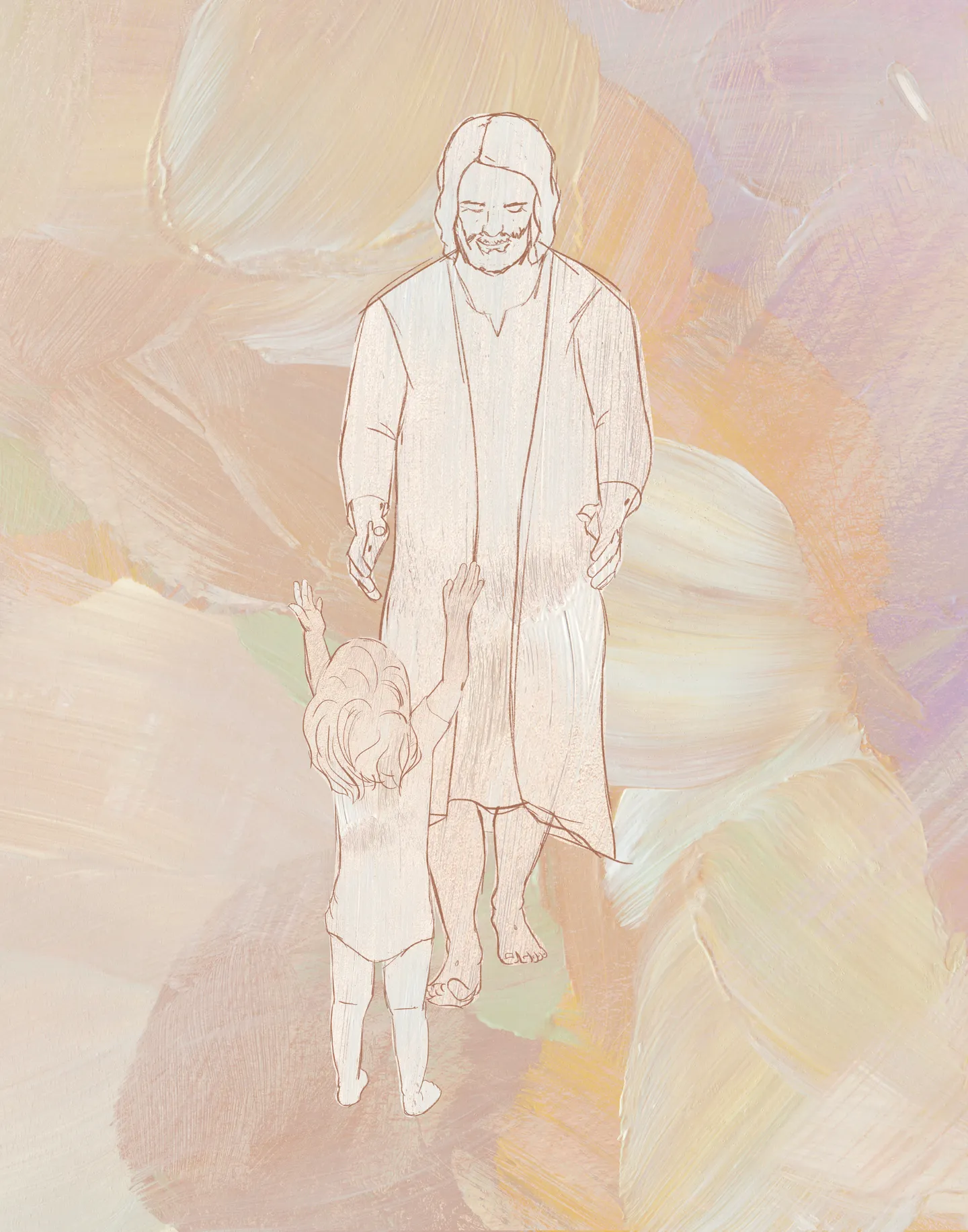 He Came Just for Me IV, the full artwork: Christ in a long robe, drawn in fine line, smiling down at a small child who reaches up to him, on soft strokes of peach, yellow and lilac.