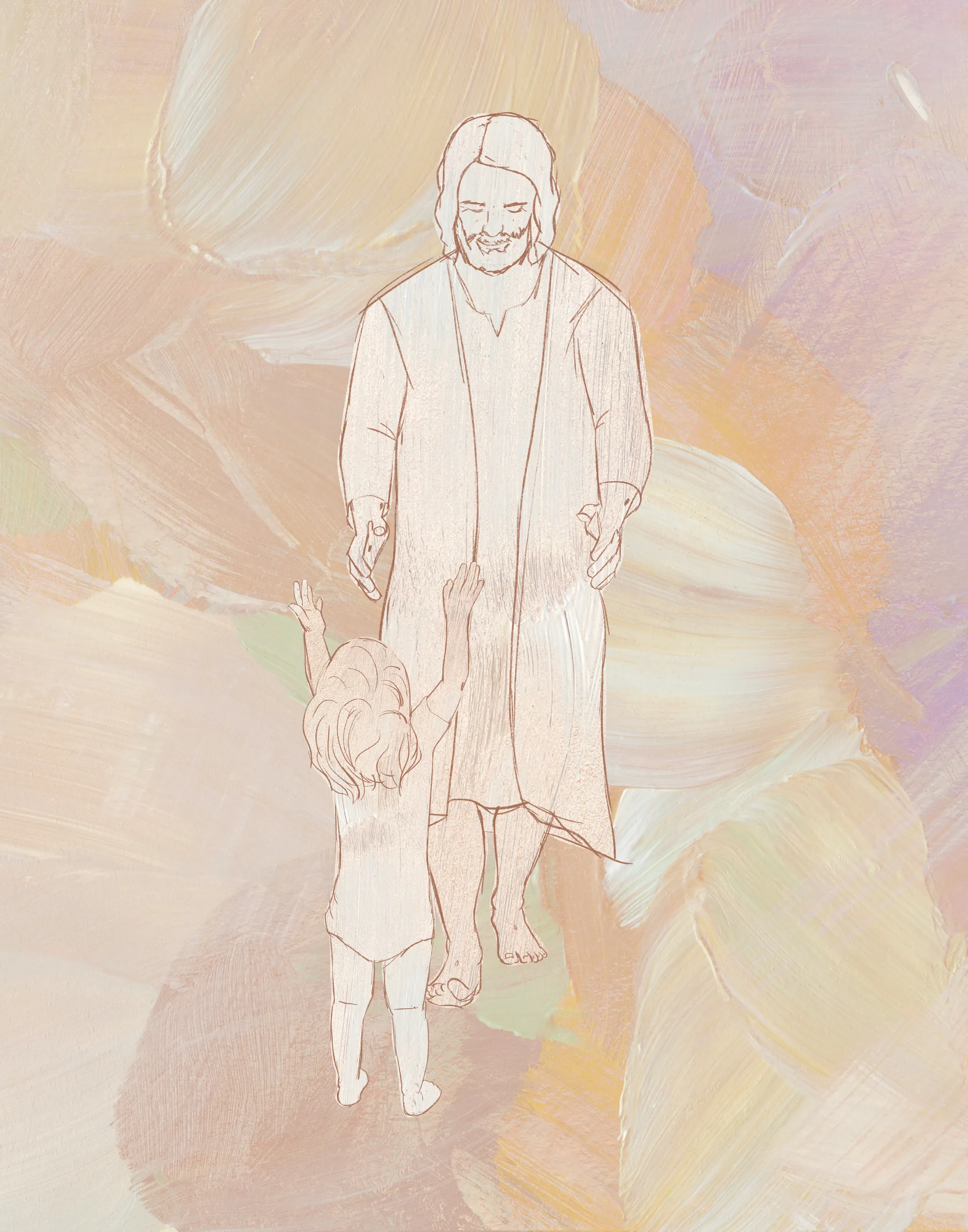 He Came Just for Me IV, the full artwork: Christ in a long robe, drawn in fine line, smiling down at a small child who reaches up to him, on soft strokes of peach, yellow and lilac.