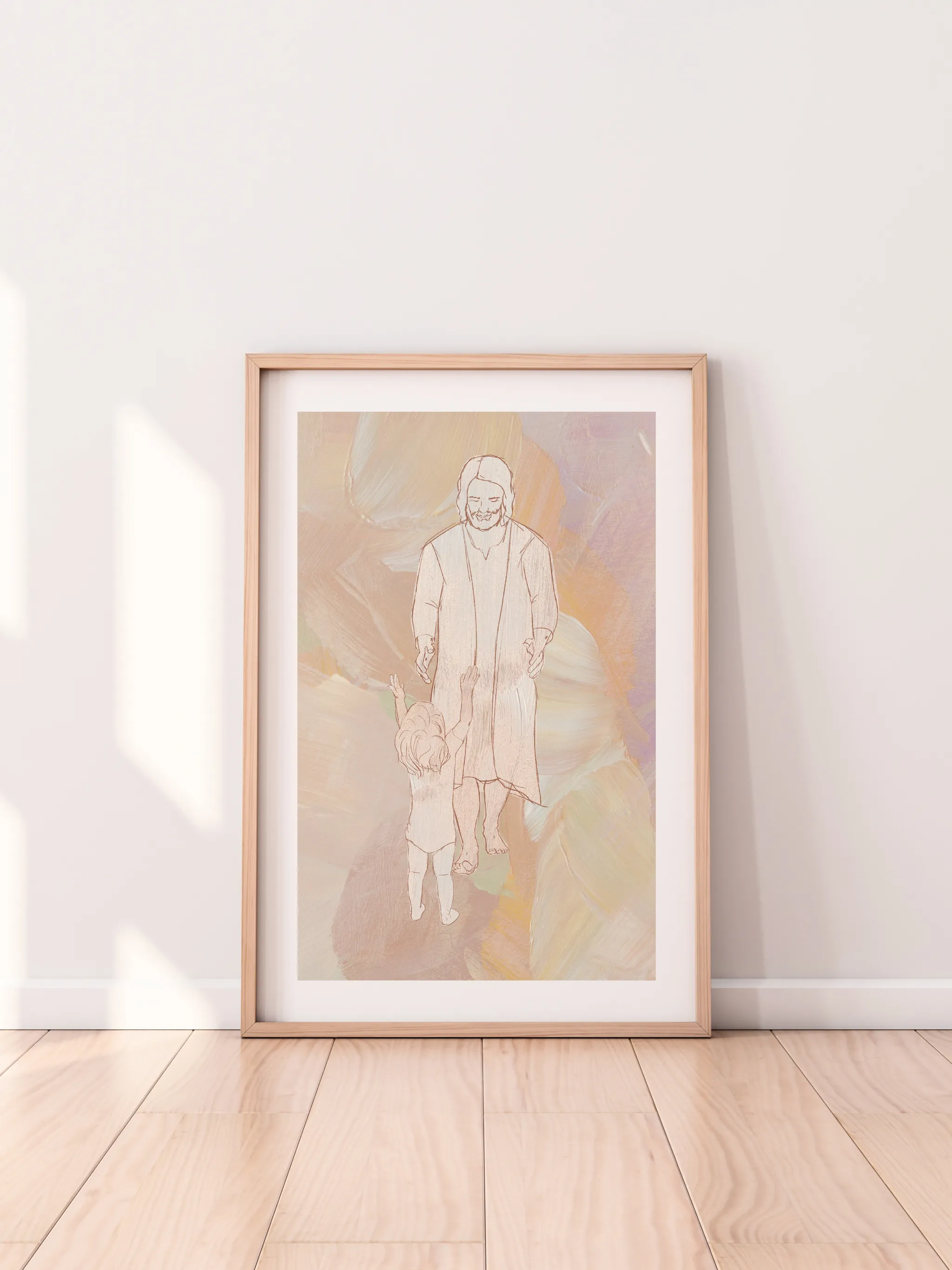 He Came Just for Me IV, framed in light wood with a white mat, leaning against a pale wall on a light wood floor.