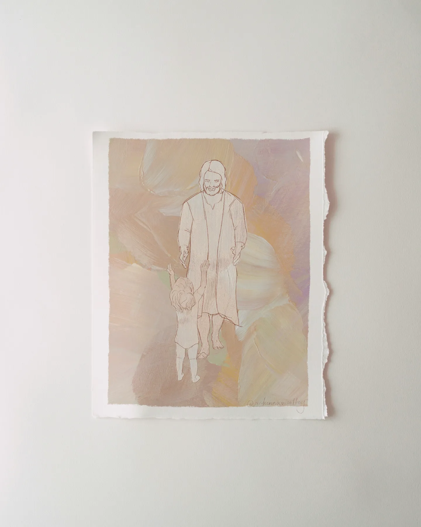 He Came Just for Me IV, unframed, a sheet with torn edges hung on a pale wall.