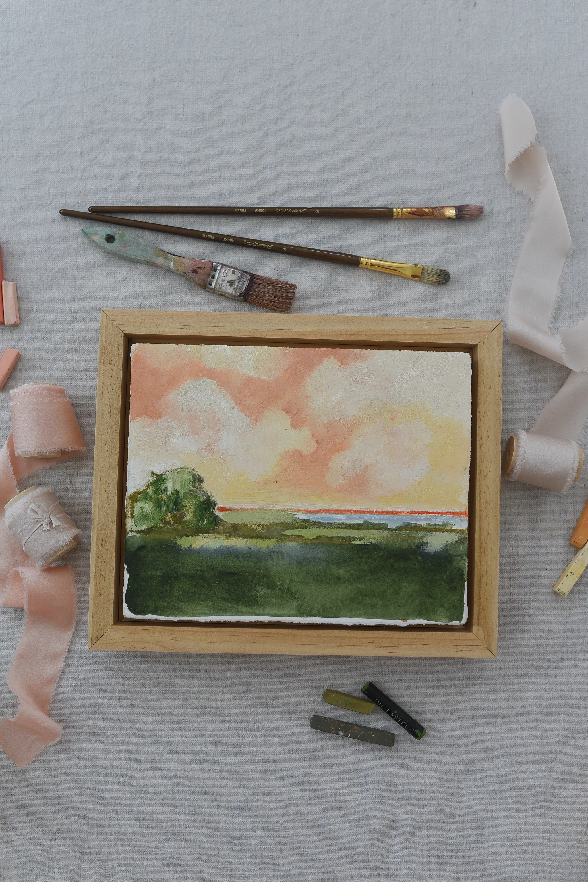 Hope horizon, view 4 of 10: **Hope Horizon** presents a vibrant landscape where warm, puffy clouds painted in soft peaches and radiant yellows dance across the sky, casting a.