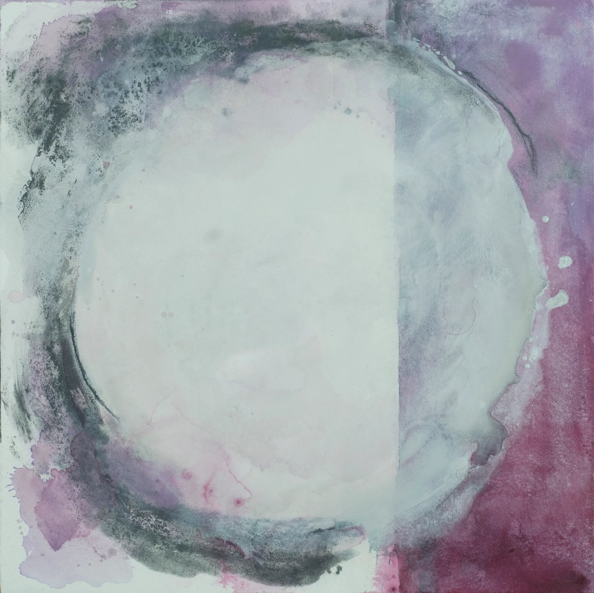 A square painting of a pale, silvery white circle outlined in charcoal grey, on washes of violet and plum, with a band of lighter lilac down the right side.