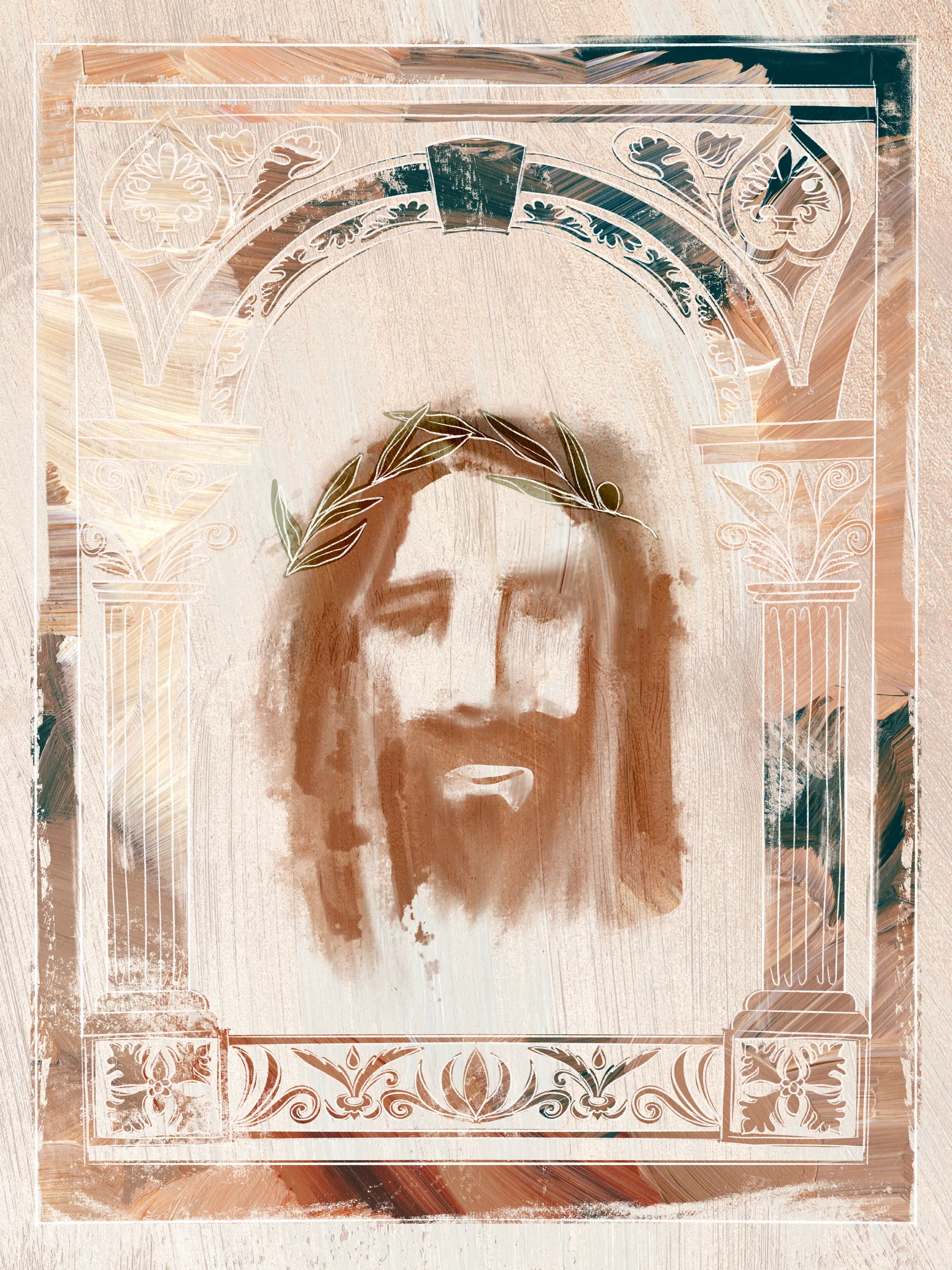 Jesus Crown of Thorns, Art Deco, the full artwork: the face of Christ brushed in rust brown under a crown of olive-green leaves, inside a pale arch on fluted columns, with ornament etched in white over strokes of tan, rust and deep green.