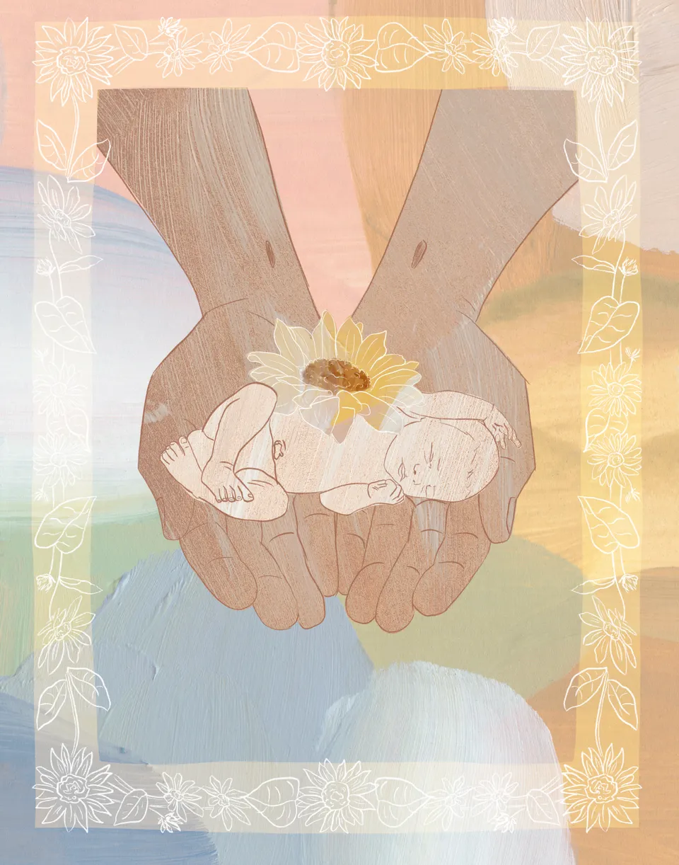Jesus Holding Infant with Sunflower, the full artwork.