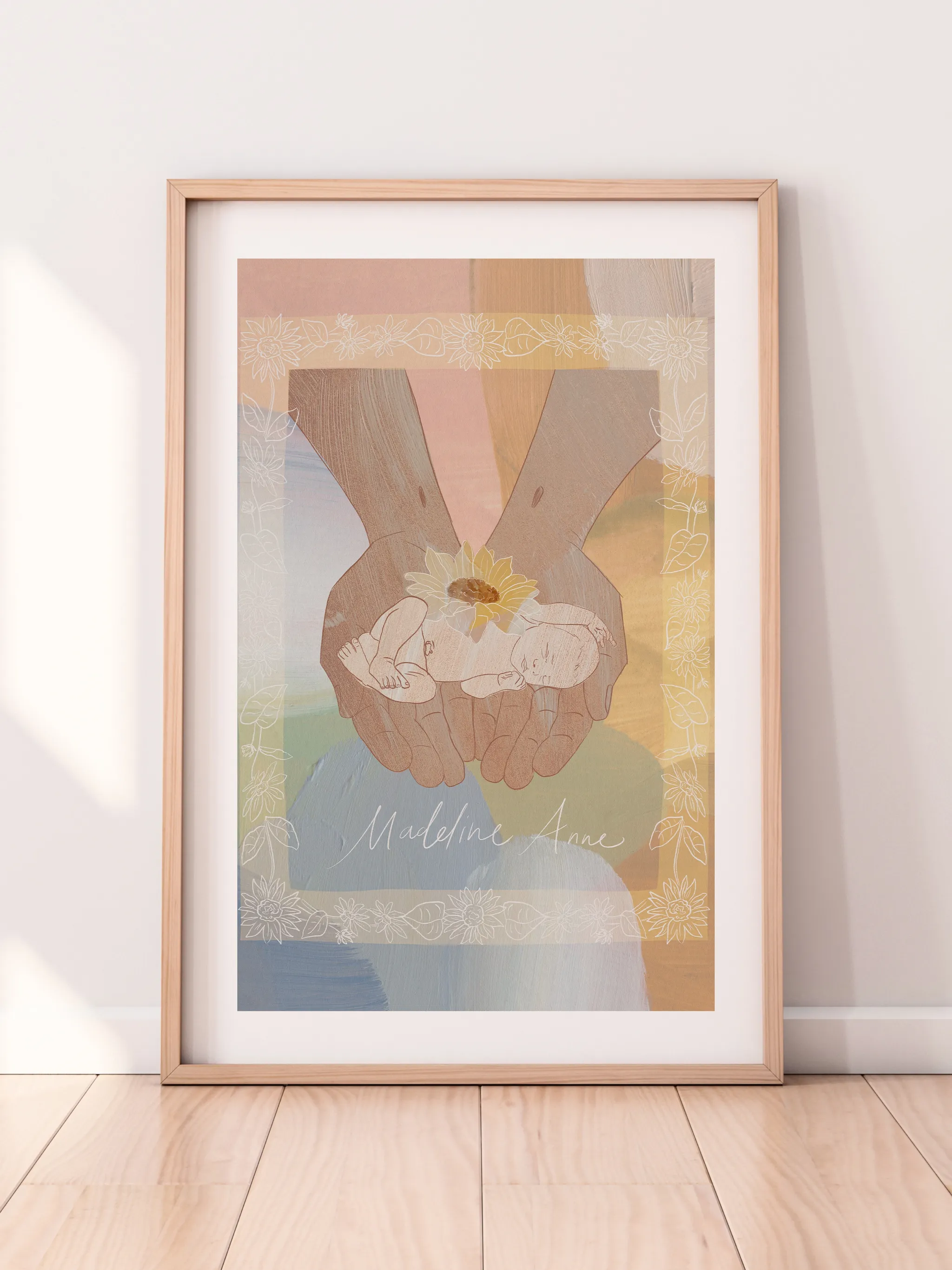 Jesus Holding Infant with Sunflower, shown as a print.