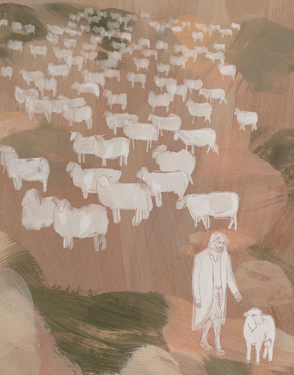 Jesus Leaves the 99 Sheep, the full artwork.