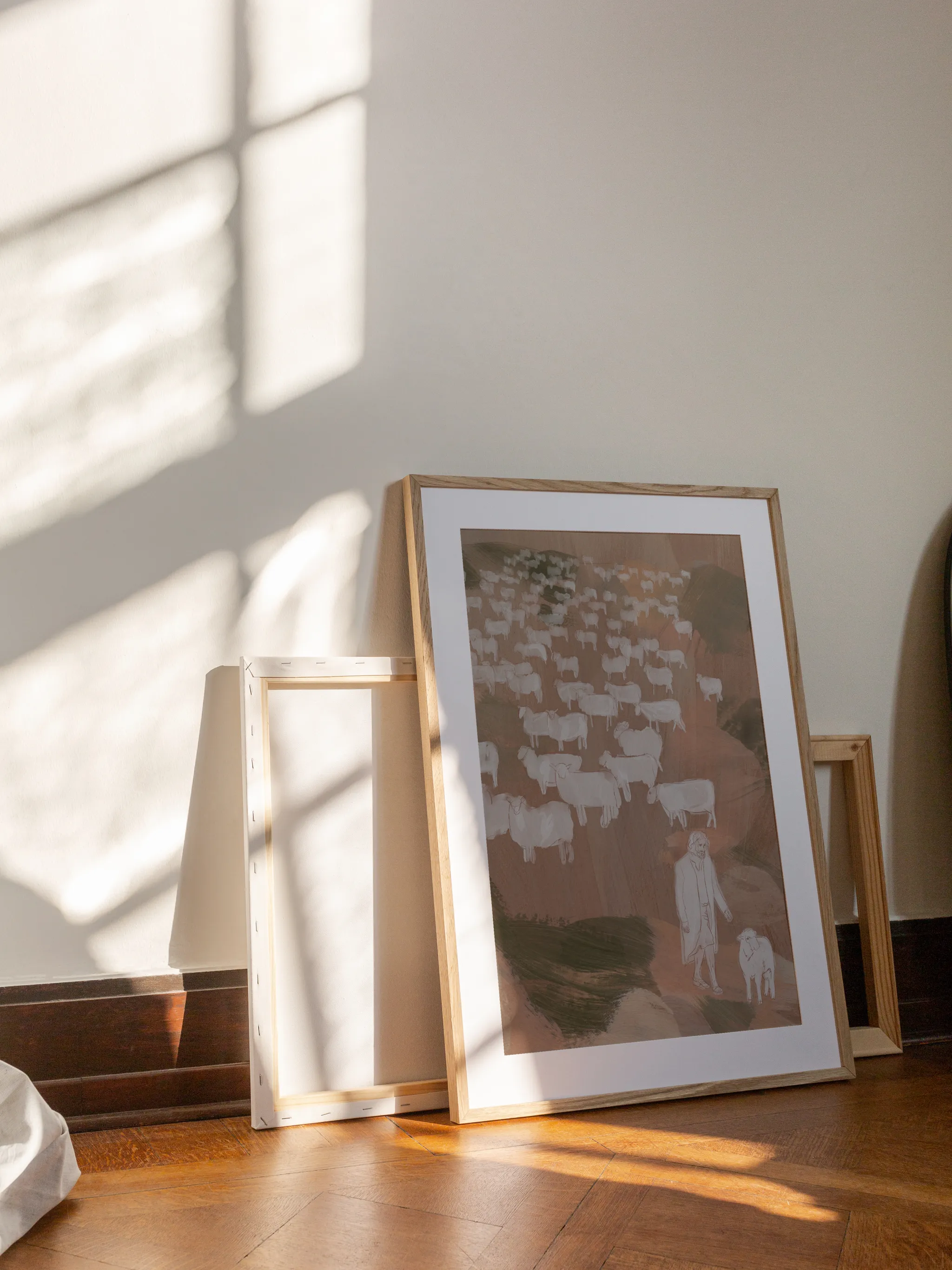 Jesus Leaves the 99 Sheep, shown as a print.