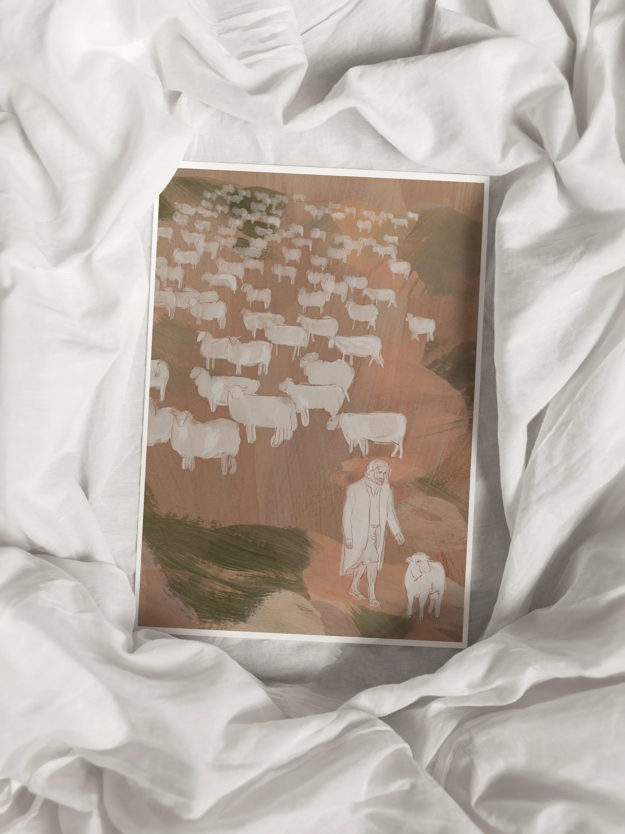 Jesus Leaves the 99 Sheep, shown as a print.