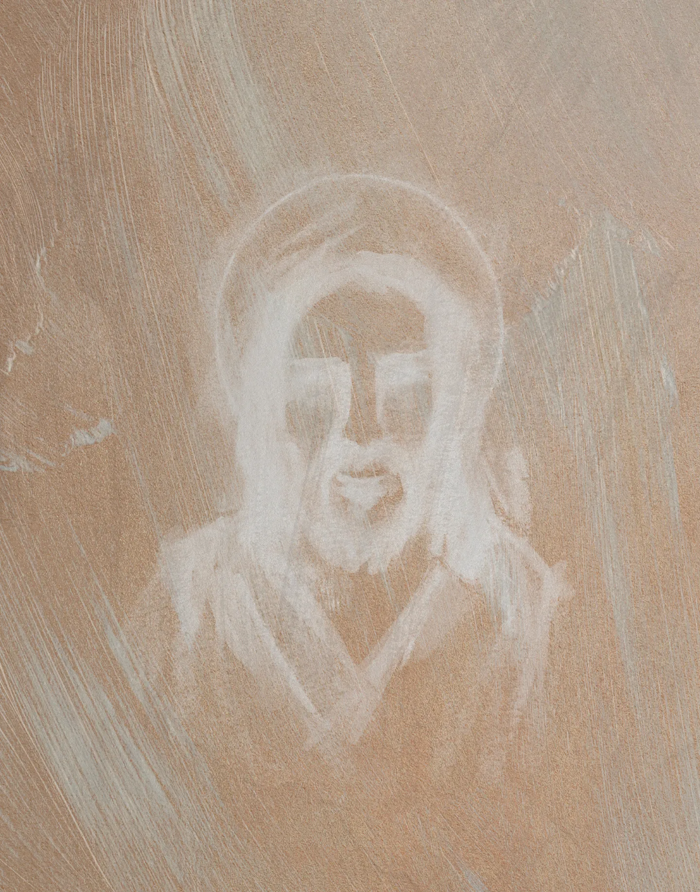 Jesus Portrait, Etched in White, the full artwork: the face of Christ with a halo, drawn in loose white strokes on a warm tan ground touched with pale blue.