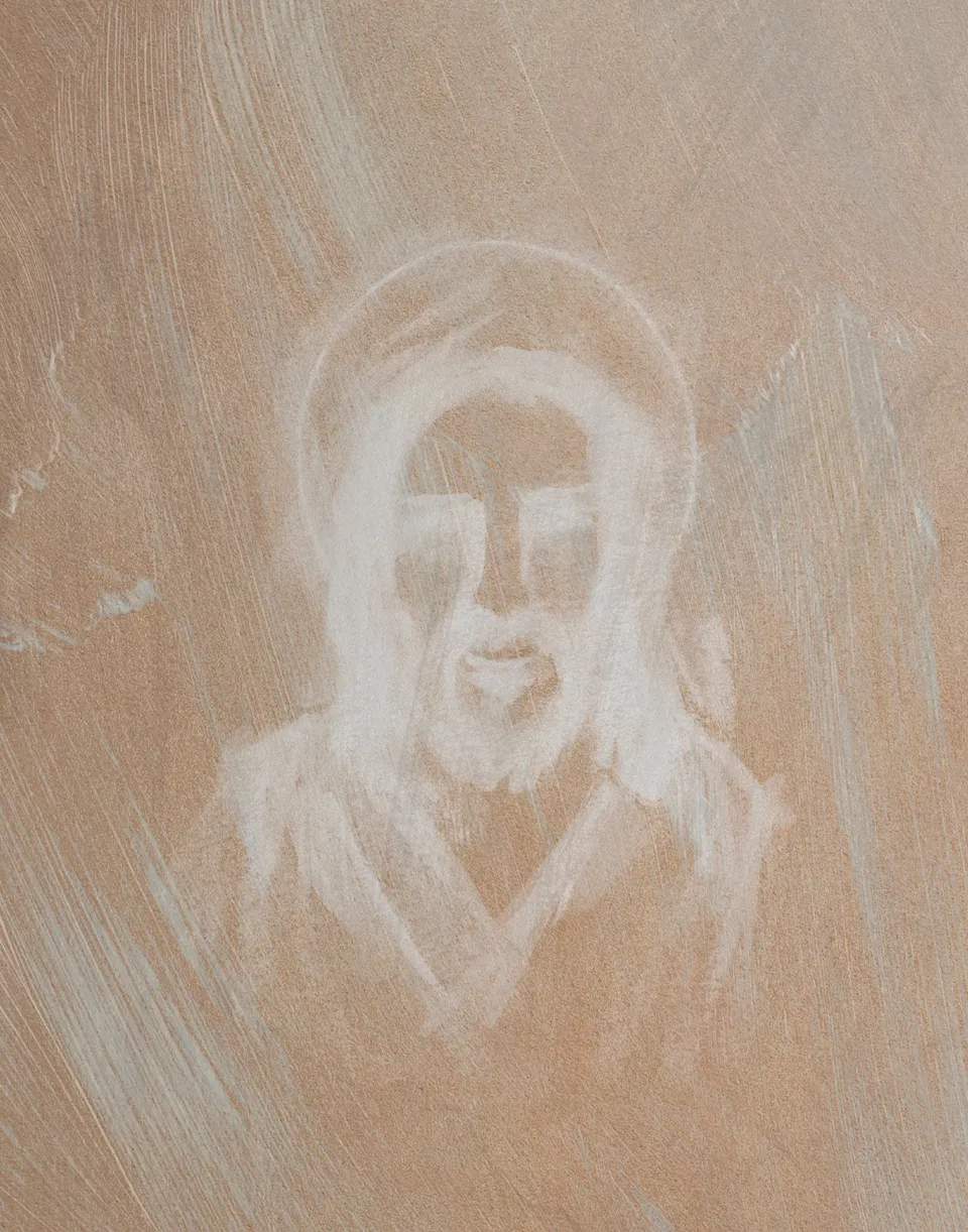 Jesus Portrait, Etched in White, the full artwork: the face of Christ with a halo, drawn in loose white strokes on a warm tan ground touched with pale blue.