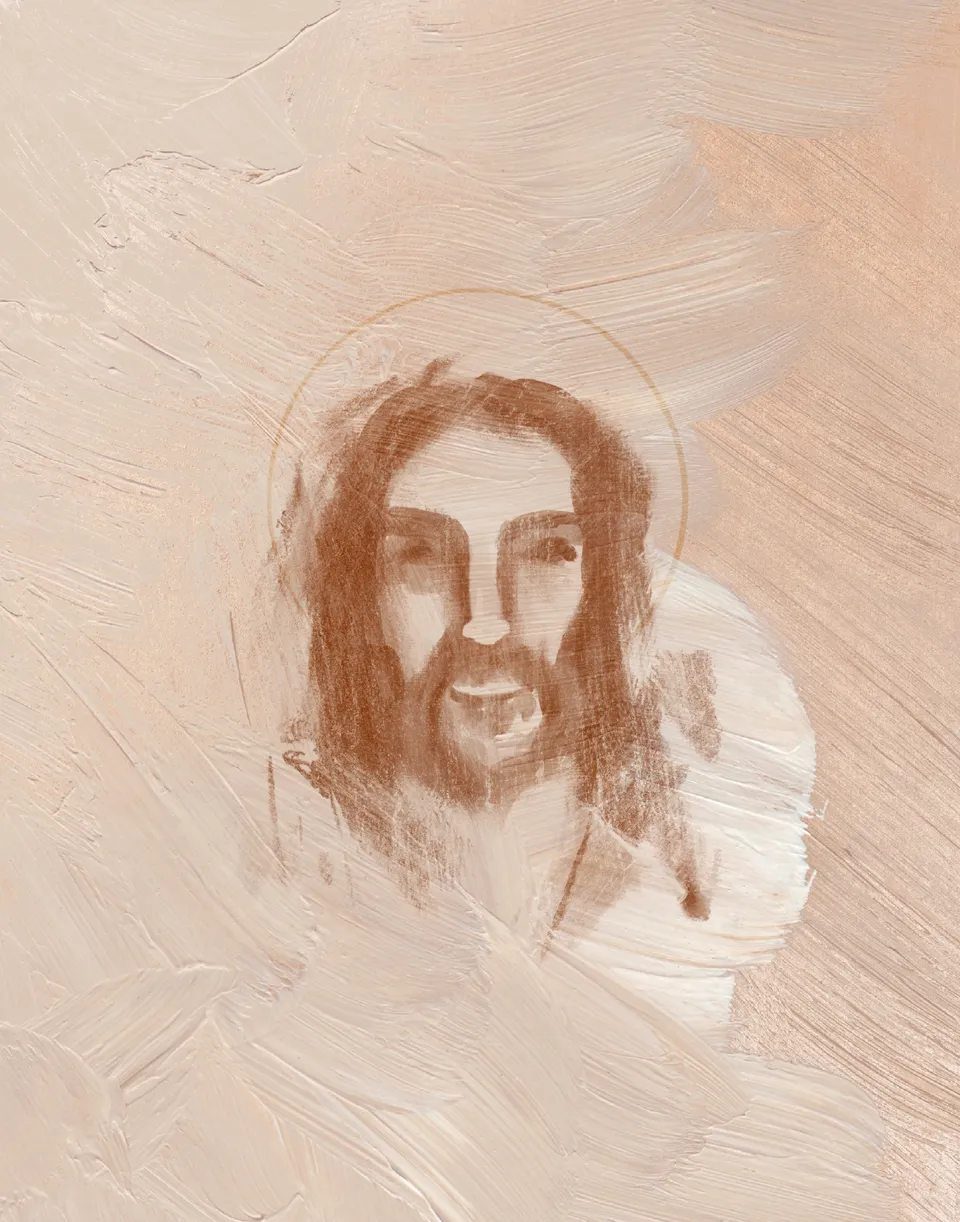 Jesus Portrait Watercolor II, the full artwork: the face of Christ brushed in rust brown, with a thin gold halo, on soft strokes of cream and blush.