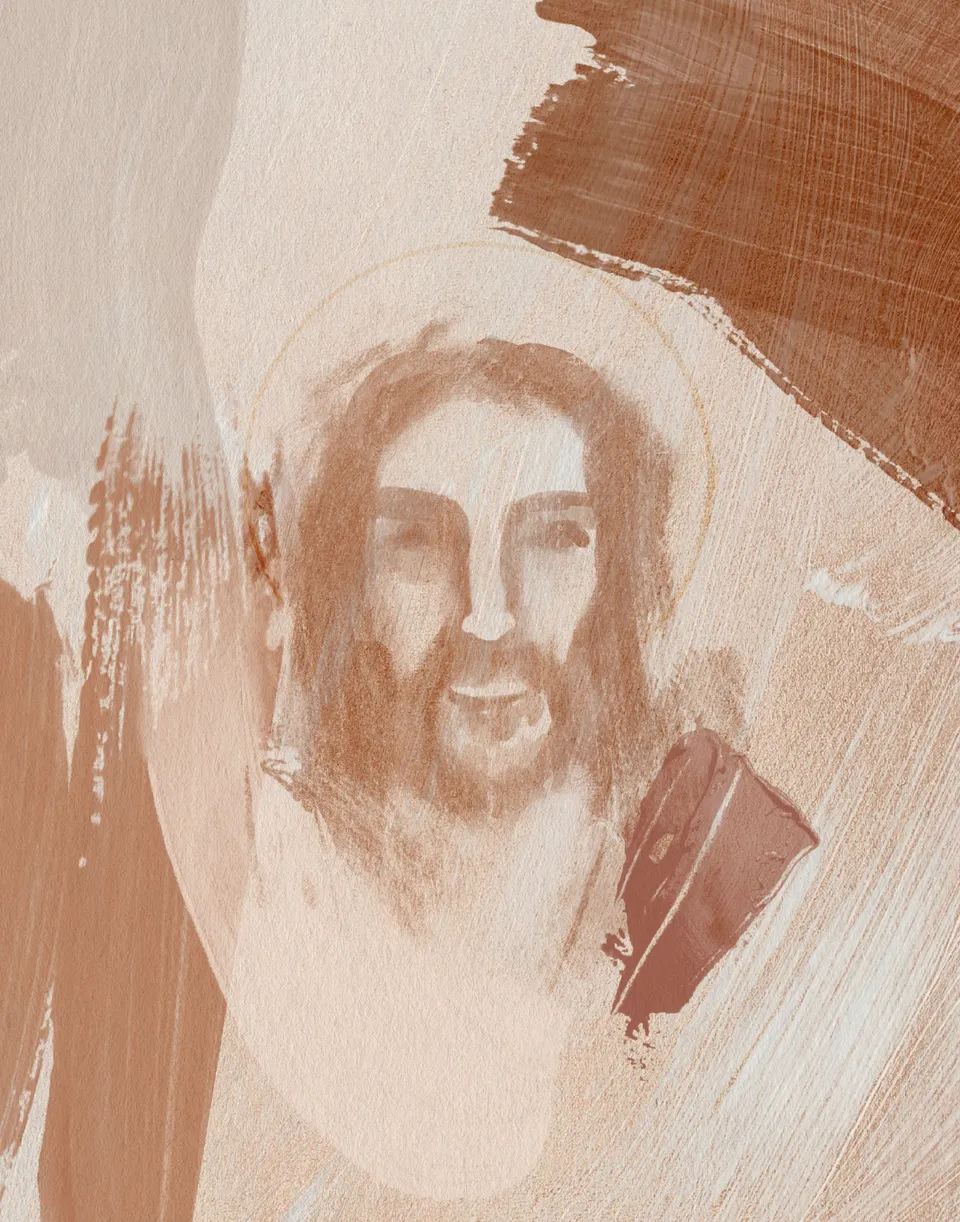 Jesus Portrait Watercolor V, the full artwork: the face of Christ brushed in rust and sienna, with a faint gold halo, on sweeps of cream, blush and terracotta.