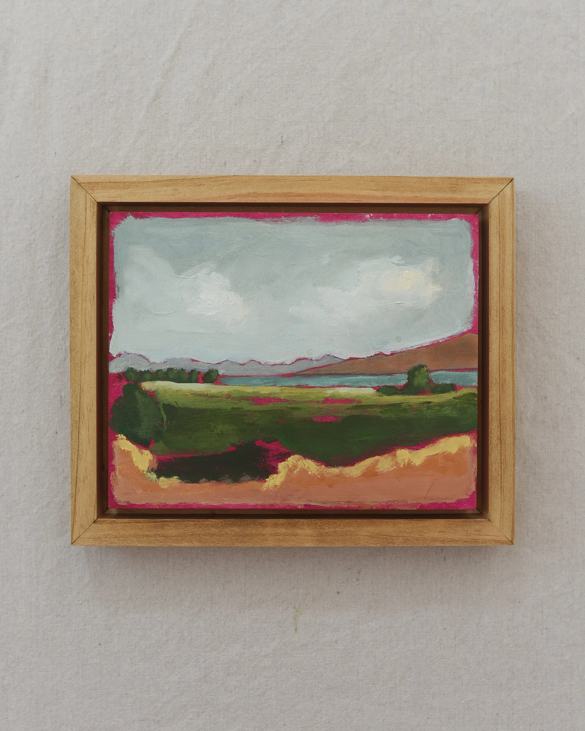 The enchanting scene at Utah Lake during the evening, where a magenta underpainting subtly peeks through the lush tones.