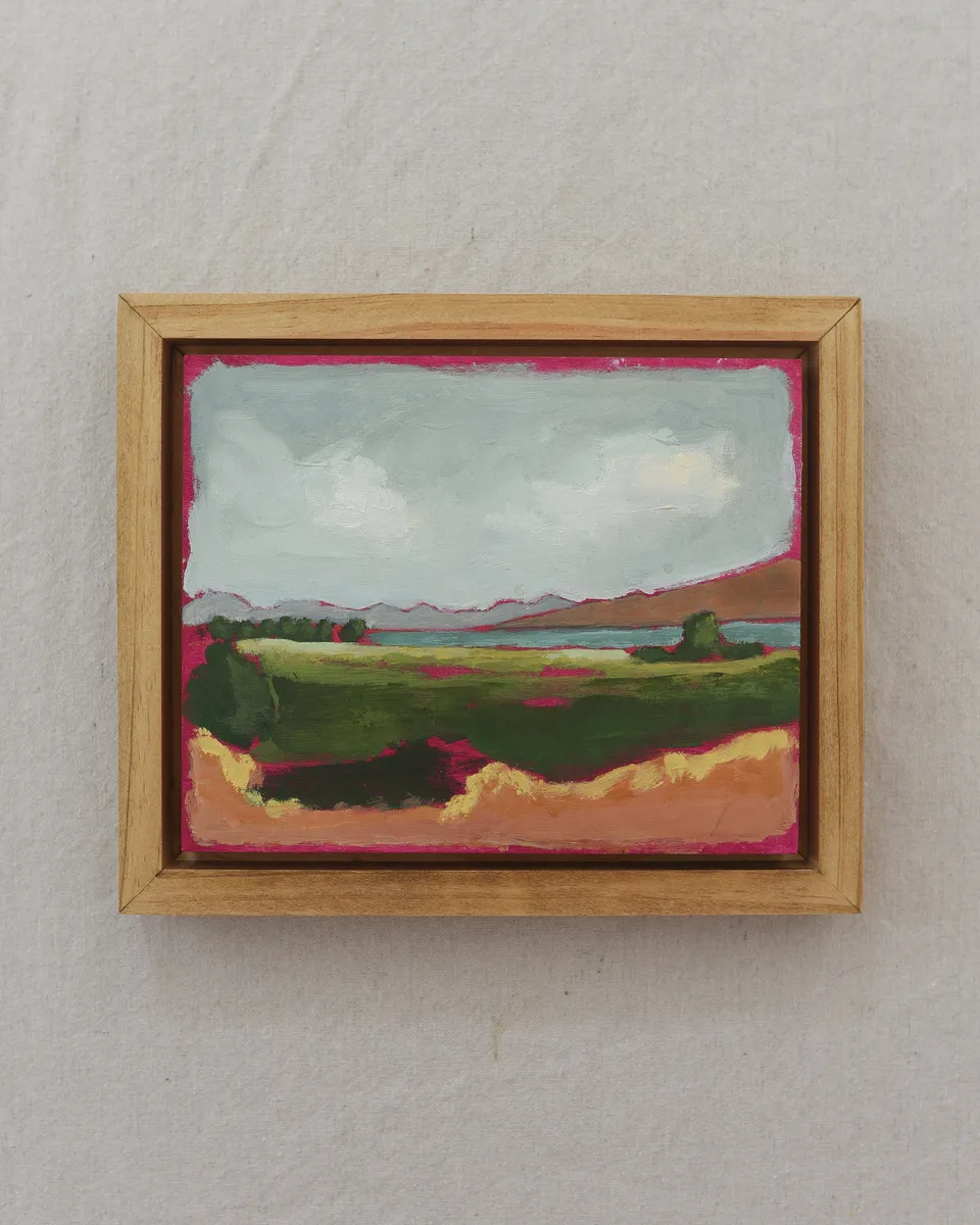 The enchanting scene at Utah Lake during the evening, where a magenta underpainting subtly peeks through the lush tones.