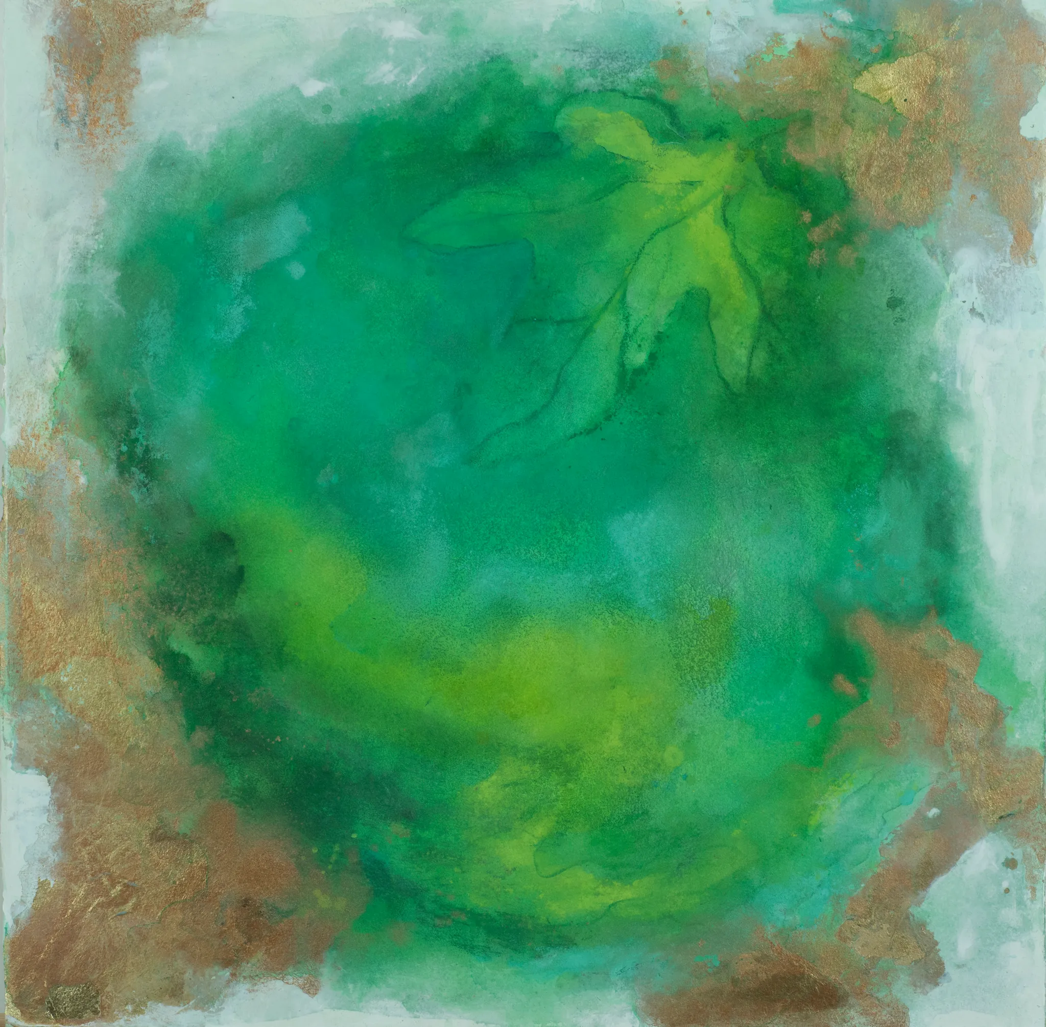 A square painting of deep and bright greens gathered into a rough circle, with bronze in the corners, pale edges, and leaf shapes drawn into the green.