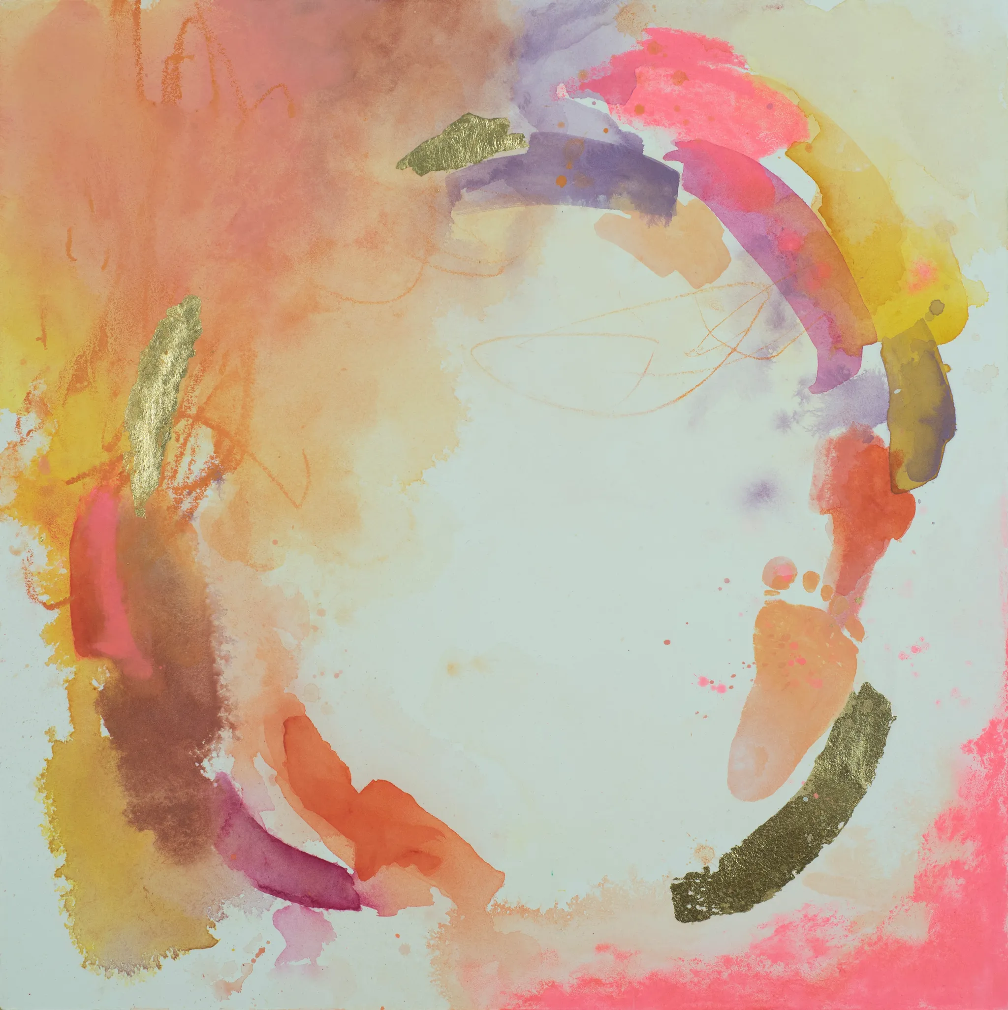 A square painting on a pale ground: an open circle of loose brushstrokes in orange, pink, peach, violet and gold leaf.