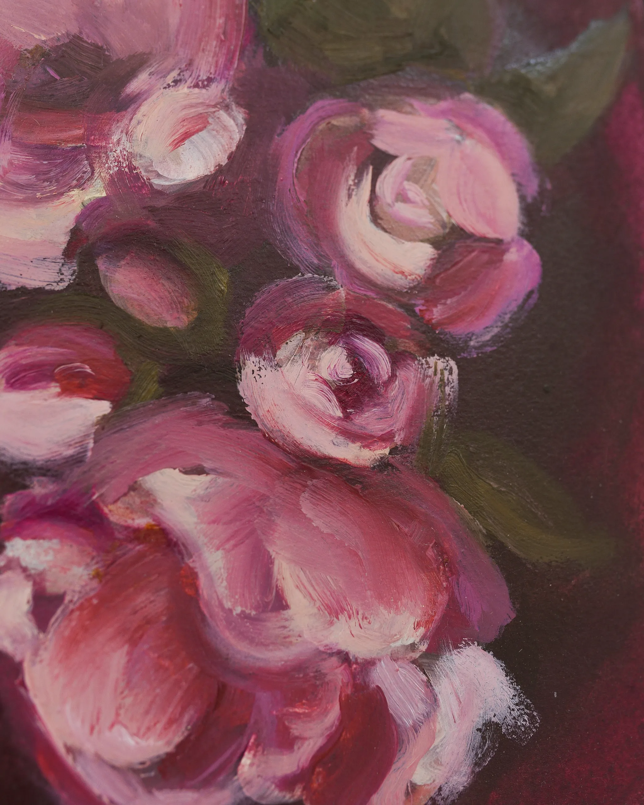 Radiant Bloom, view 3 of 6: light pink flowers dance across a deep magenta background, their soft petals contrasted by the vibrant warmth of the scene.
