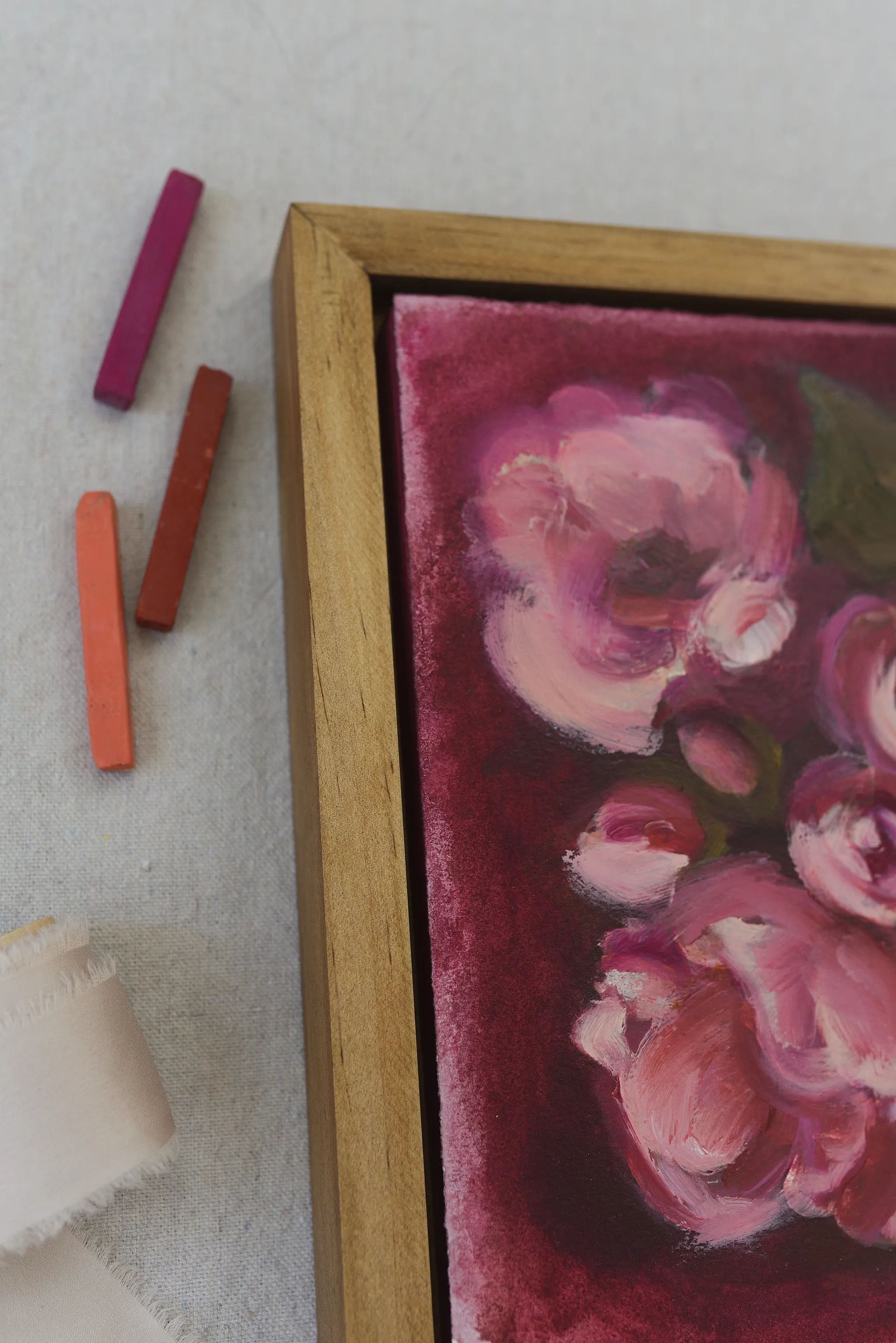 Radiant Bloom, view 5 of 6: light pink flowers dance across a deep magenta background, their soft petals contrasted by the vibrant warmth of the scene.