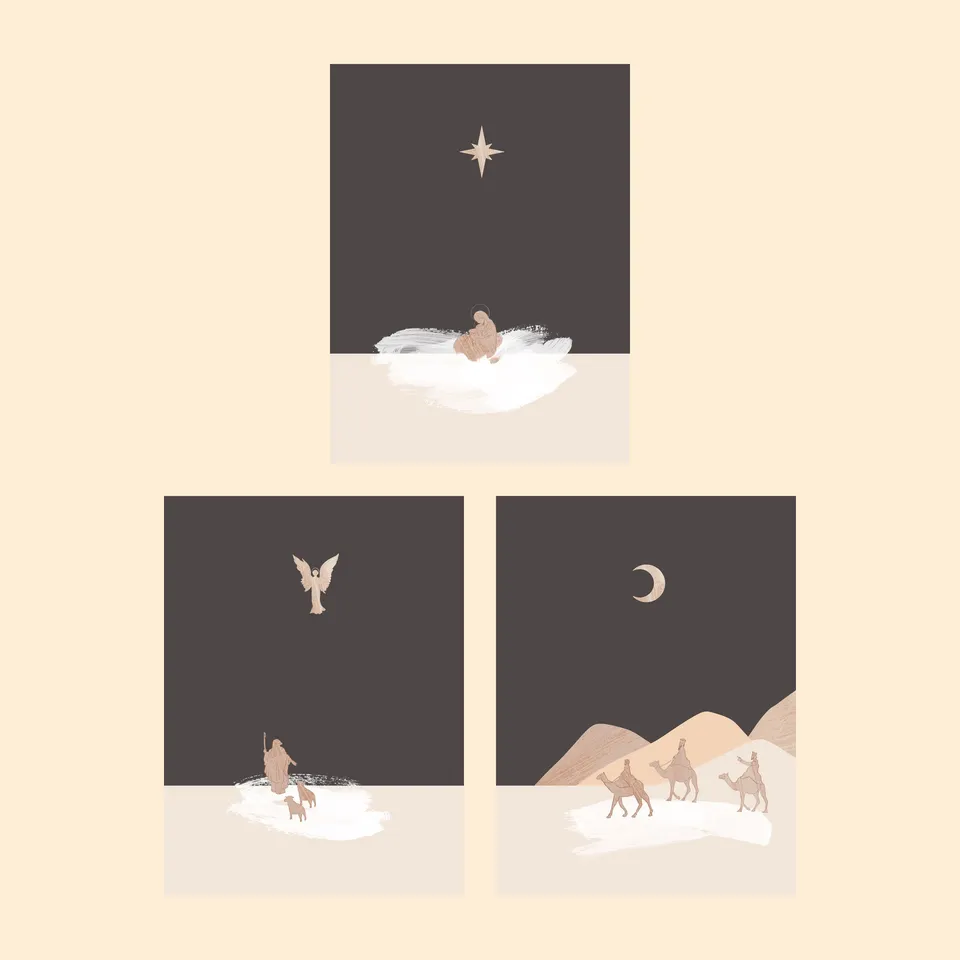 The three Christmas prints laid out on a cream ground, in order: Mary and Jesus with Star, The Angel and the Shepherd Christmas Nativity and Wise Men and the Star Nativity.