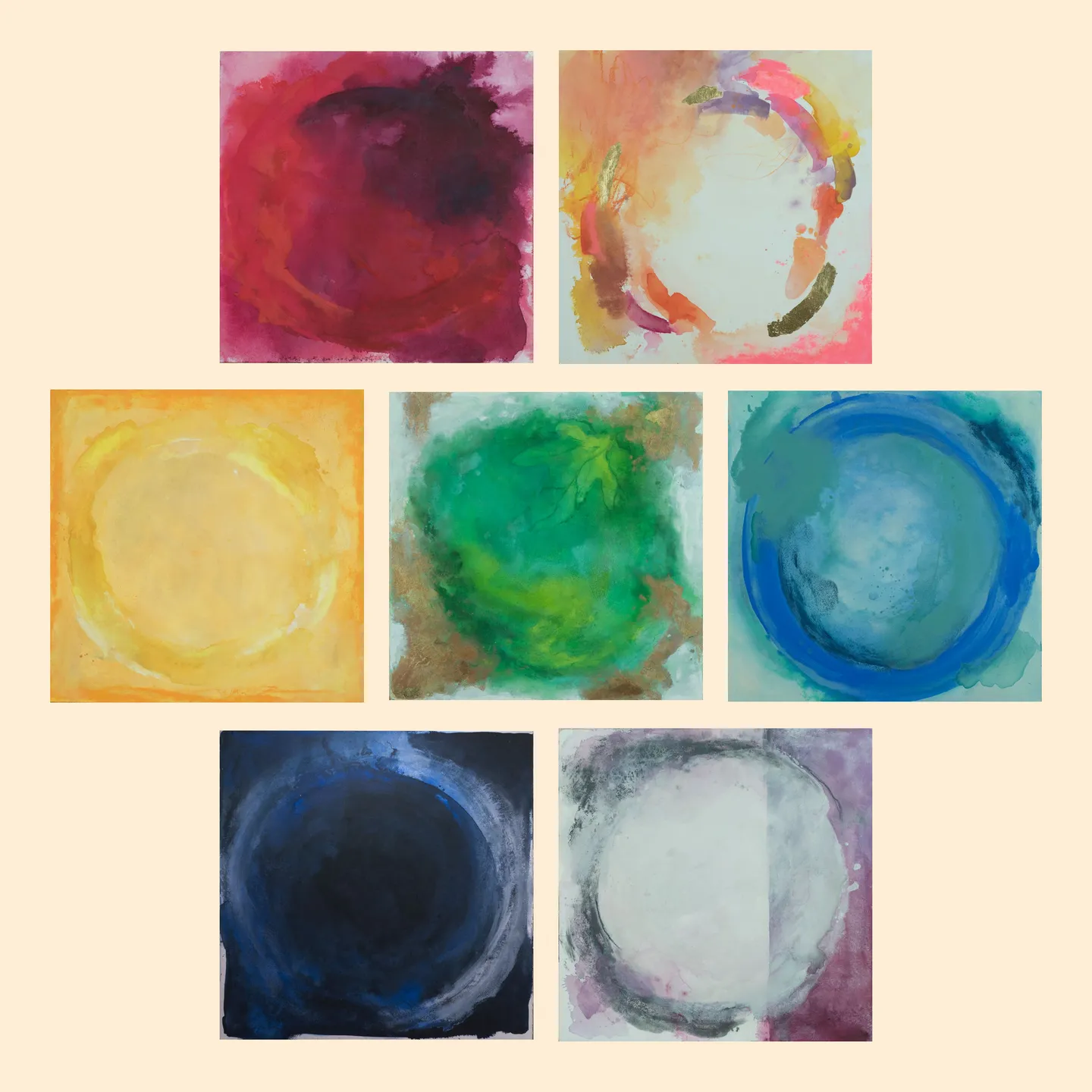 The seven Ensō paintings on a cream ground, in order from root to crown: Embrace, Play, Unity, Mother Eve, Abide, Overcome and In Between.