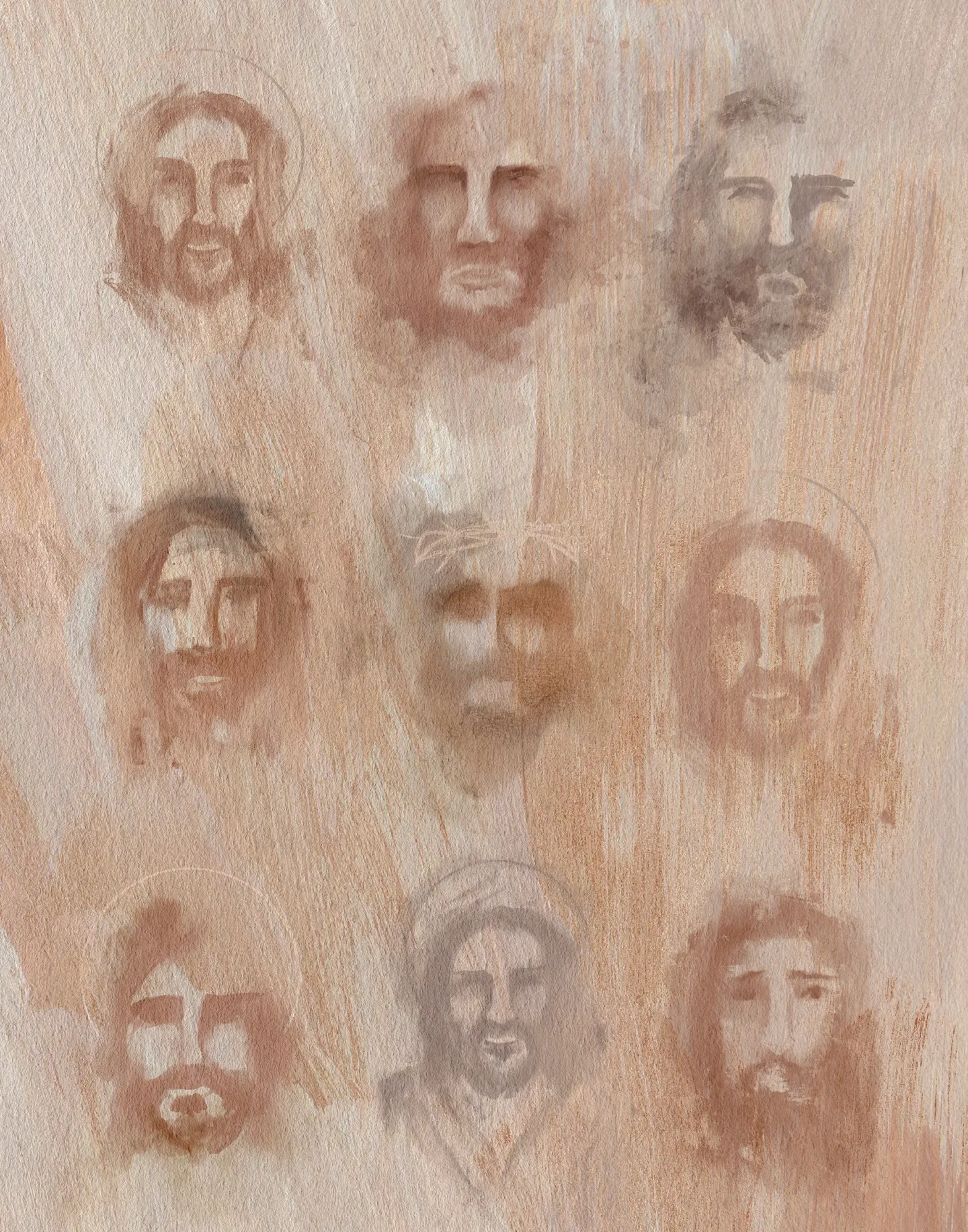 The Faces of Christ, the full artwork: nine faces of Christ in three rows of three, brushed in rust and soft grey on a warm tan ground.