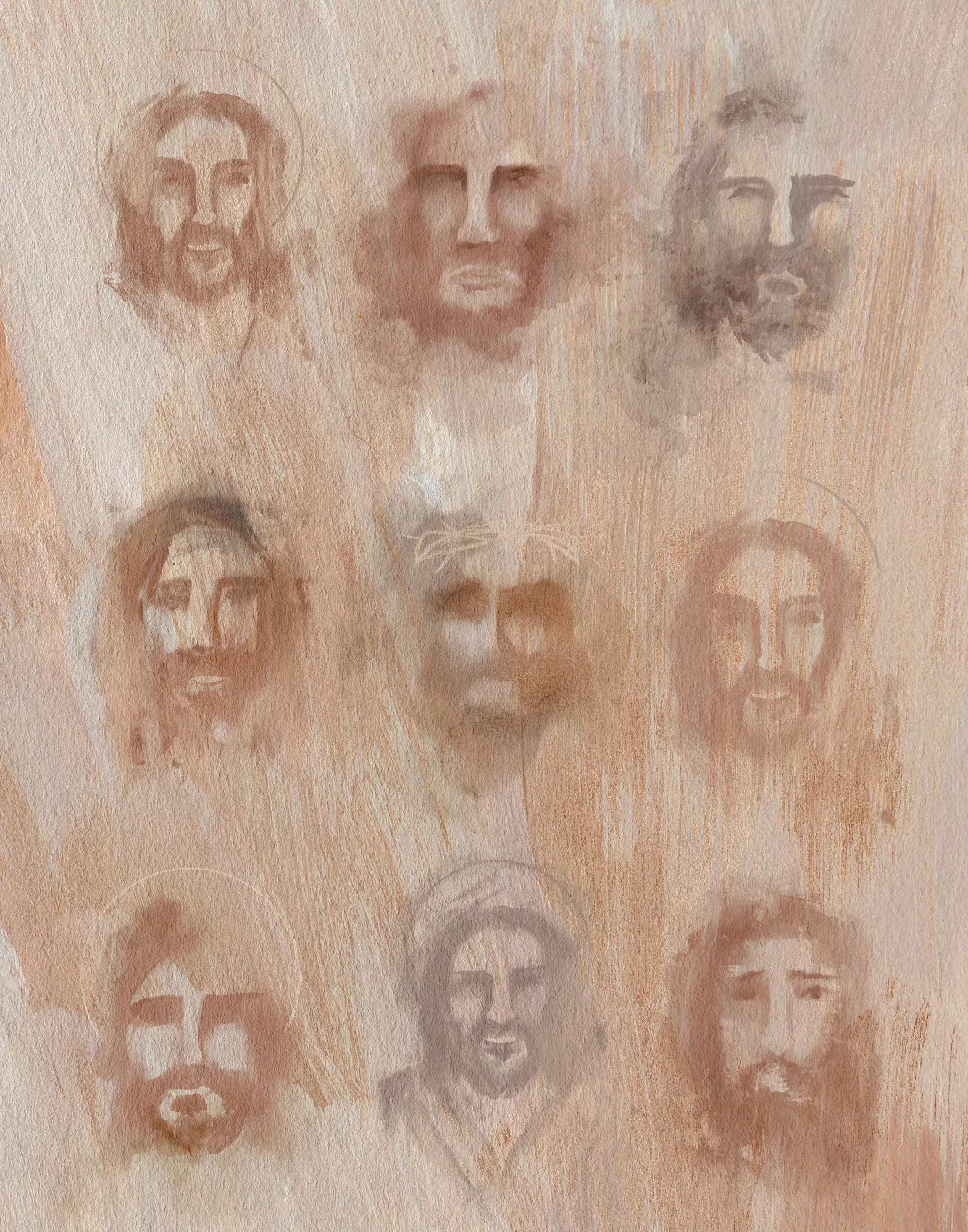 The Faces of Christ, the full artwork: nine faces of Christ in three rows of three, brushed in rust and soft grey on a warm tan ground.