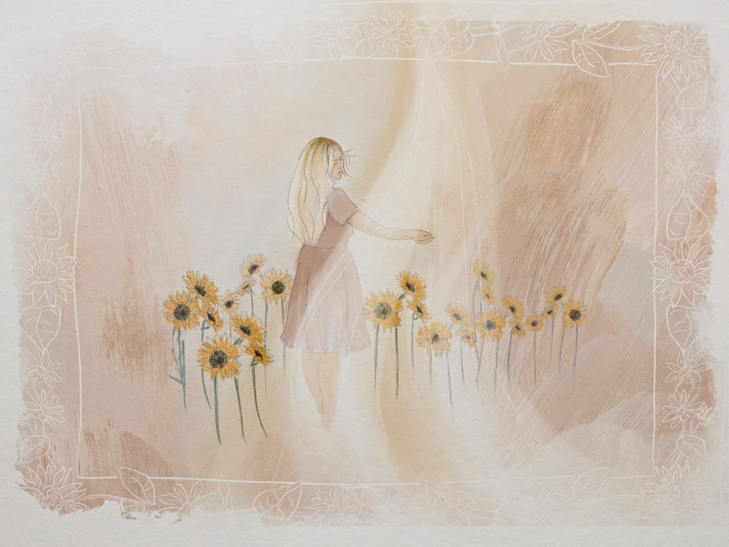 Through the Veil, Horizontal, the full artwork: a girl with long blonde hair in a blush dress among sunflowers, reaching toward a sheer veil of light, in washes of cream and blush inside a border of white-line flowers.