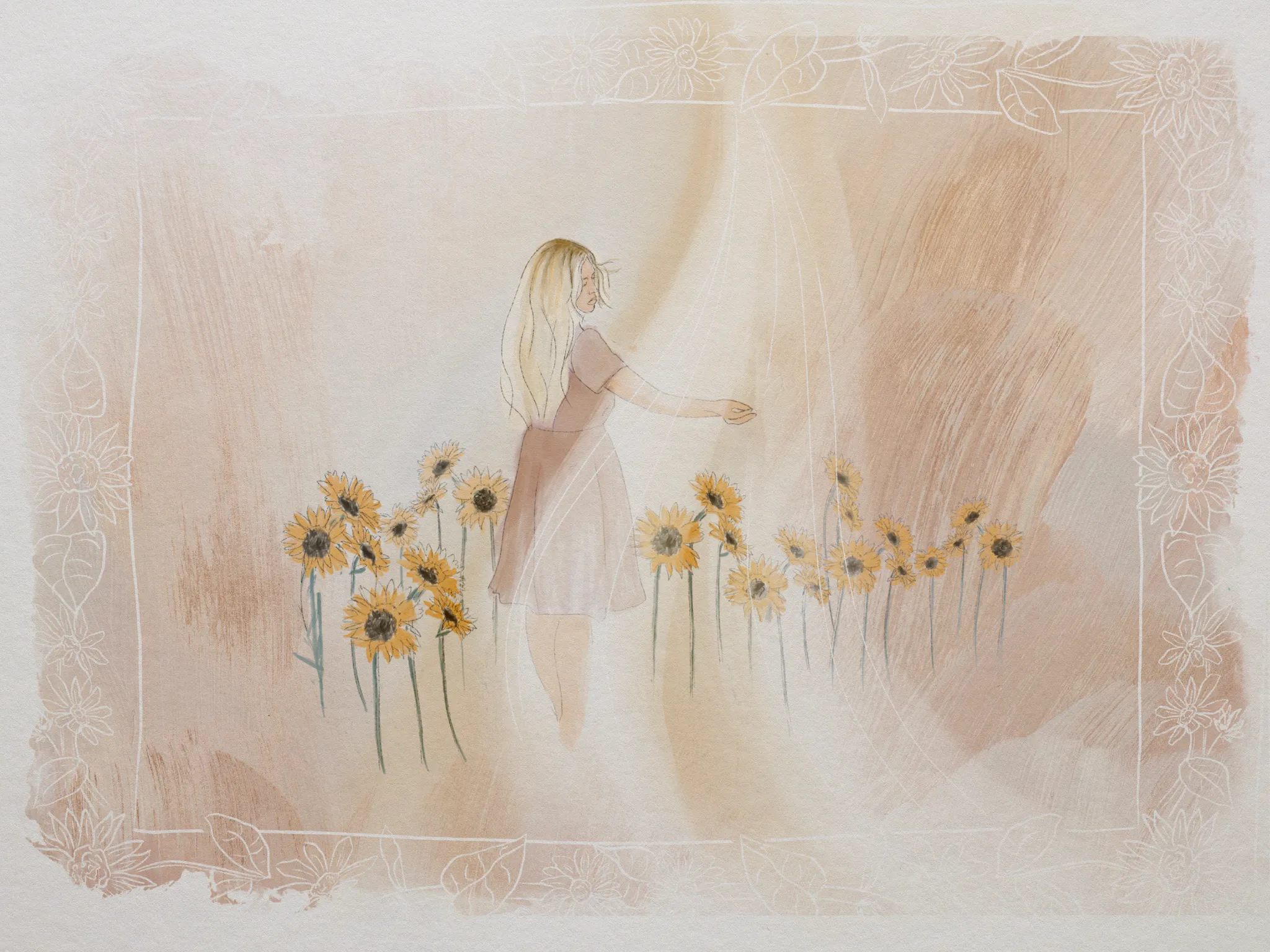 Through the Veil, Horizontal, the full artwork: a girl with long blonde hair in a blush dress among sunflowers, reaching toward a sheer veil of light, in washes of cream and blush inside a border of white-line flowers.