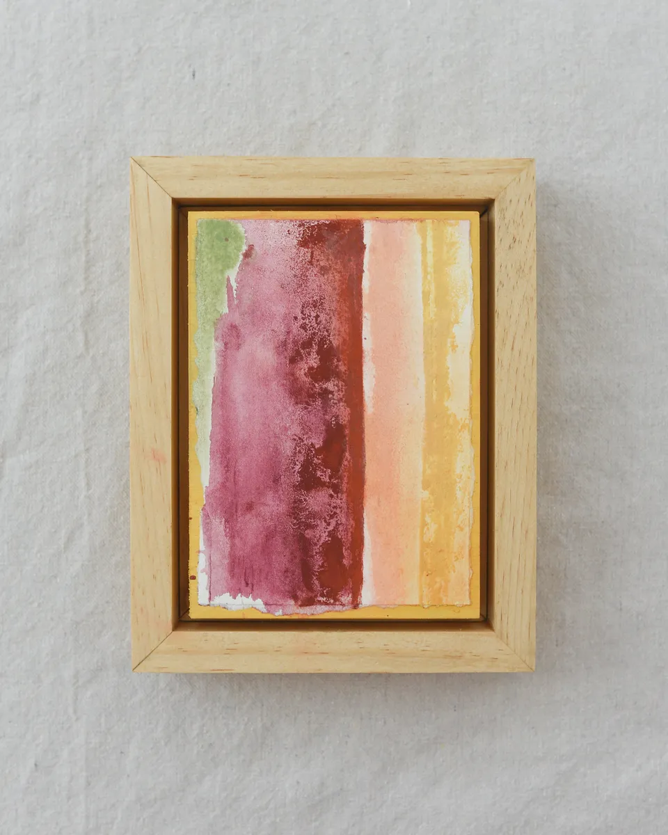 This abstract piece, titled "Together," features vertical color fields in vibrant yellow, warm peach, rich burnt sienna, deep magenta, and a delicate sliver of green, all rendered.