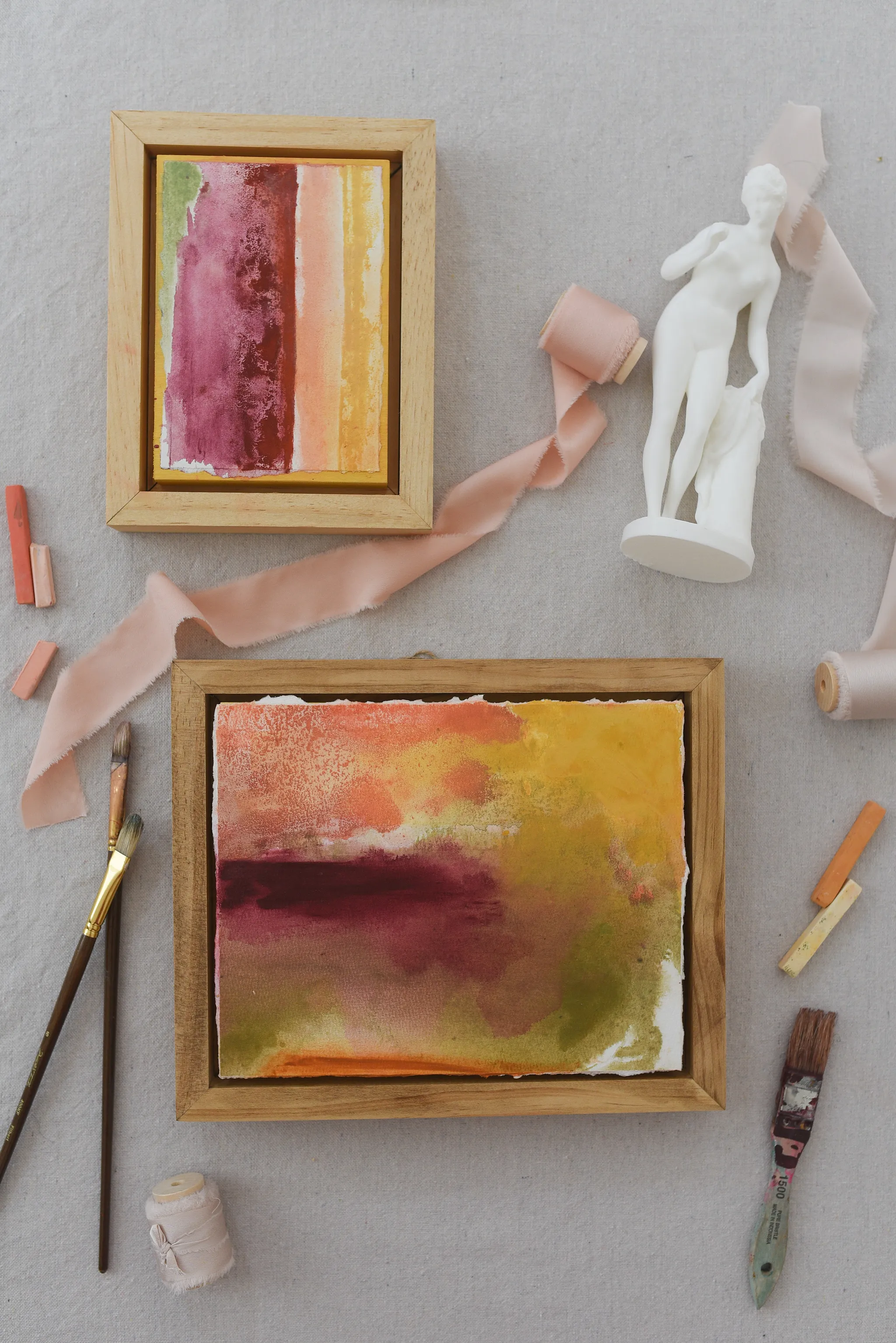 Together, view 4 of 8: this abstract piece, titled "Together," features vertical color fields in vibrant yellow, warm peach, rich burnt sienna, deep magenta, and a delicate.