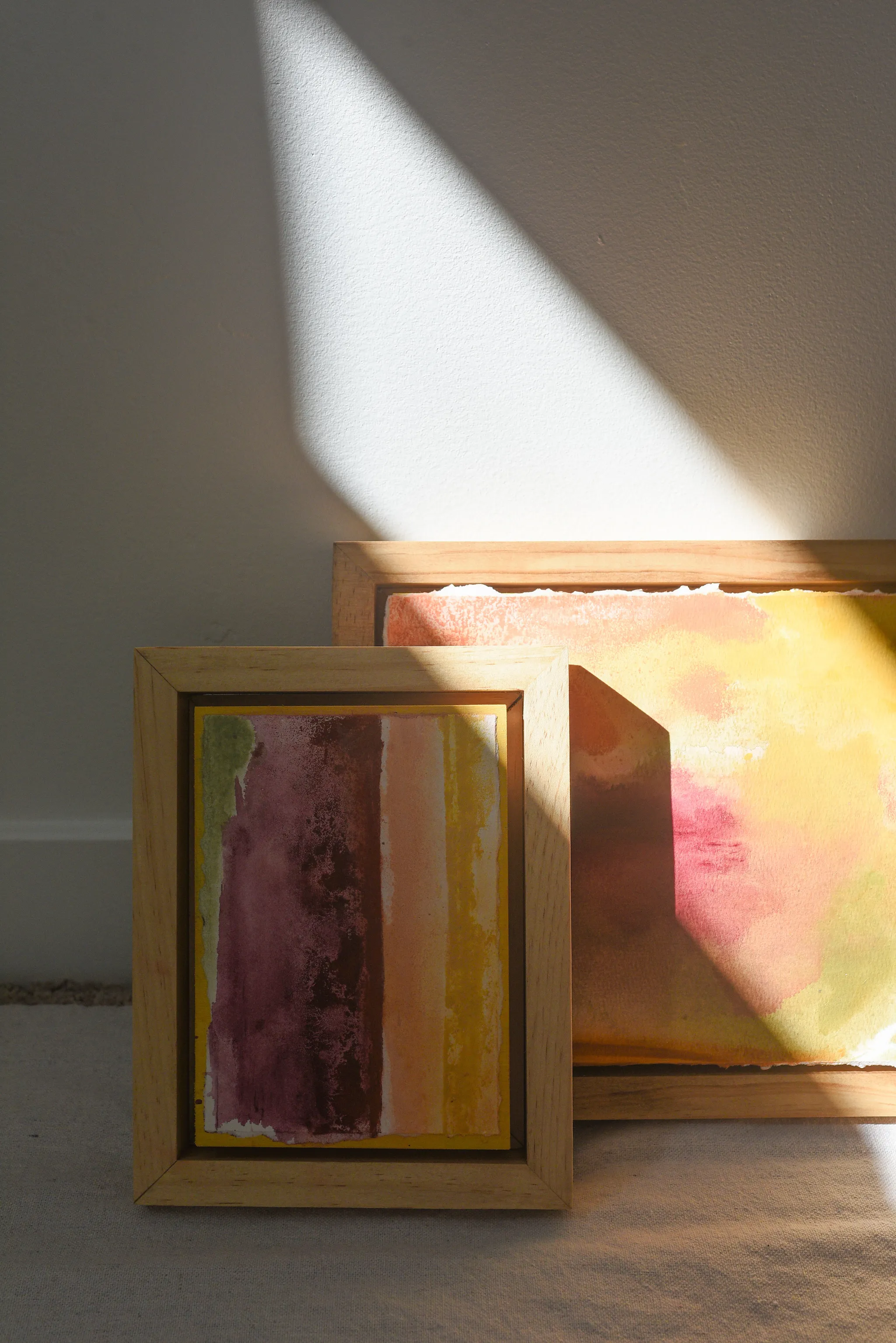 Together, view 6 of 8: this abstract piece, titled "Together," features vertical color fields in vibrant yellow, warm peach, rich burnt sienna, deep magenta, and a delicate.
