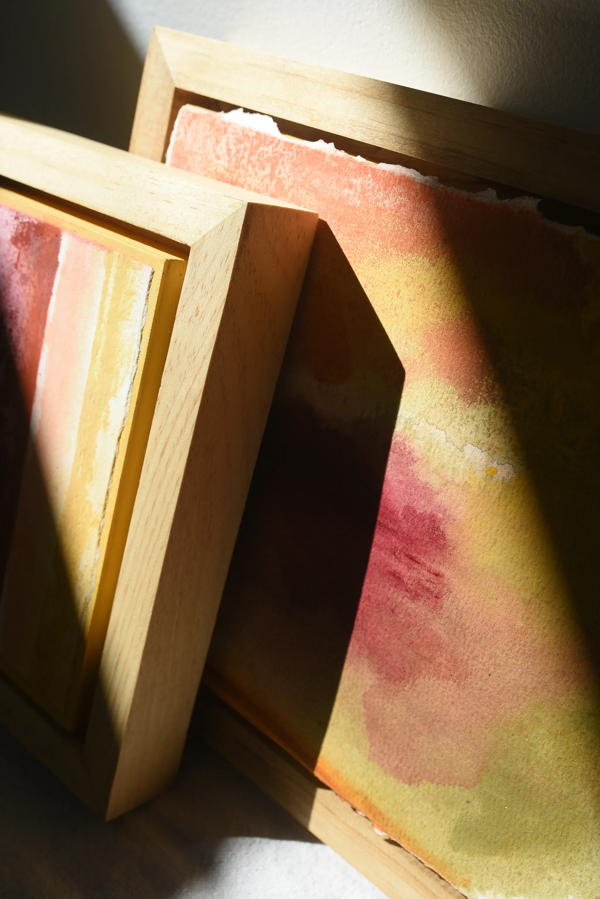 Together, view 7 of 8: this abstract piece, titled "Together," features vertical color fields in vibrant yellow, warm peach, rich burnt sienna, deep magenta, and a delicate.
