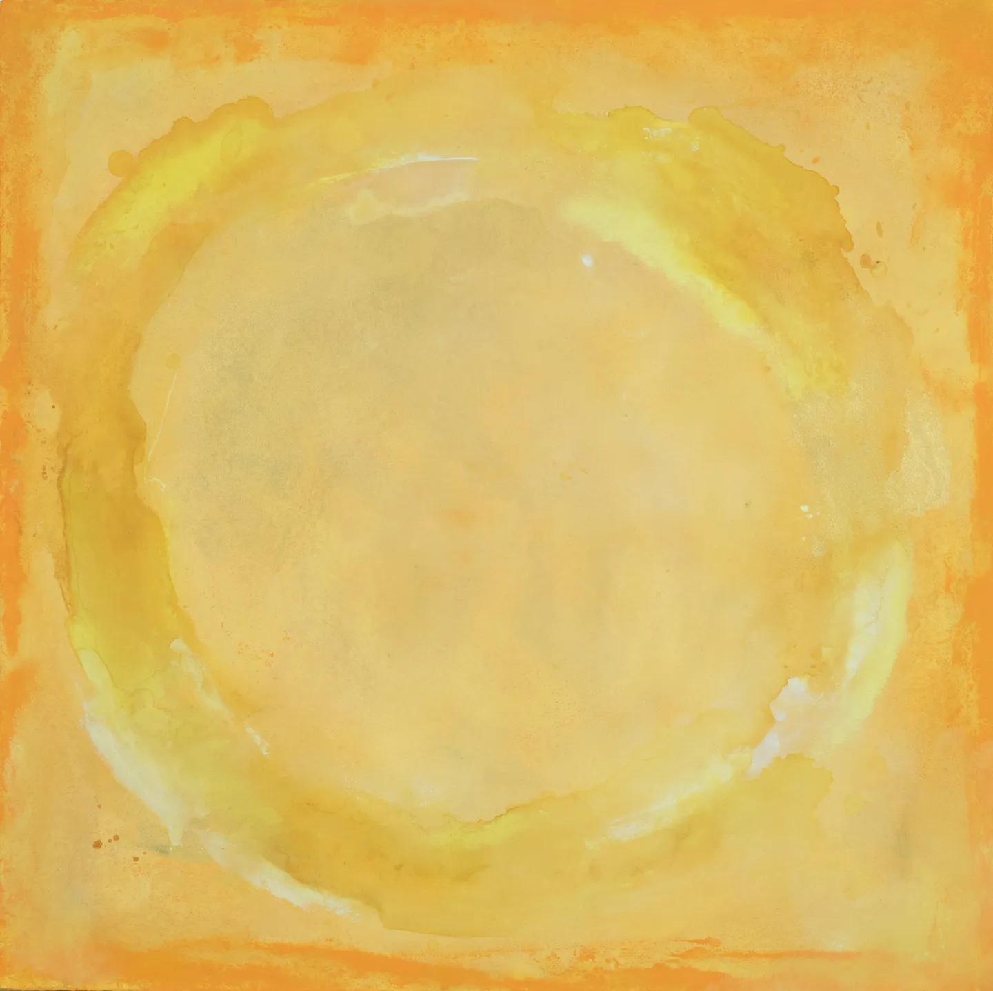 A square painting in warm yellow and marigold, with a soft circle of paler yellow brushed into the middle.