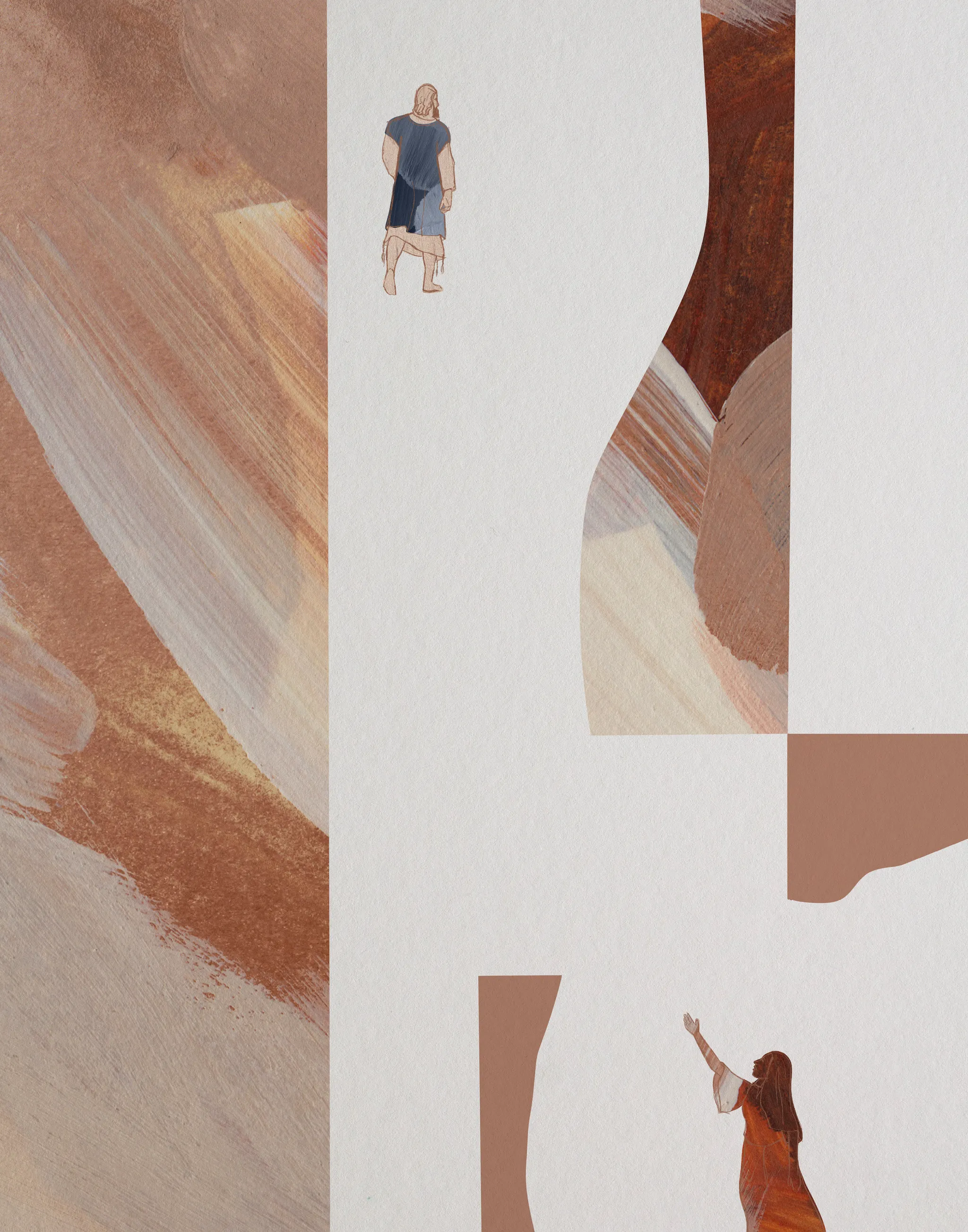 Woman with an Issue of Blood I, the full artwork: a small figure in a blue robe walking away near the top, and a woman in a rust dress reaching up toward him at the bottom, among cut shapes of brushed terracotta and tan on pale paper.