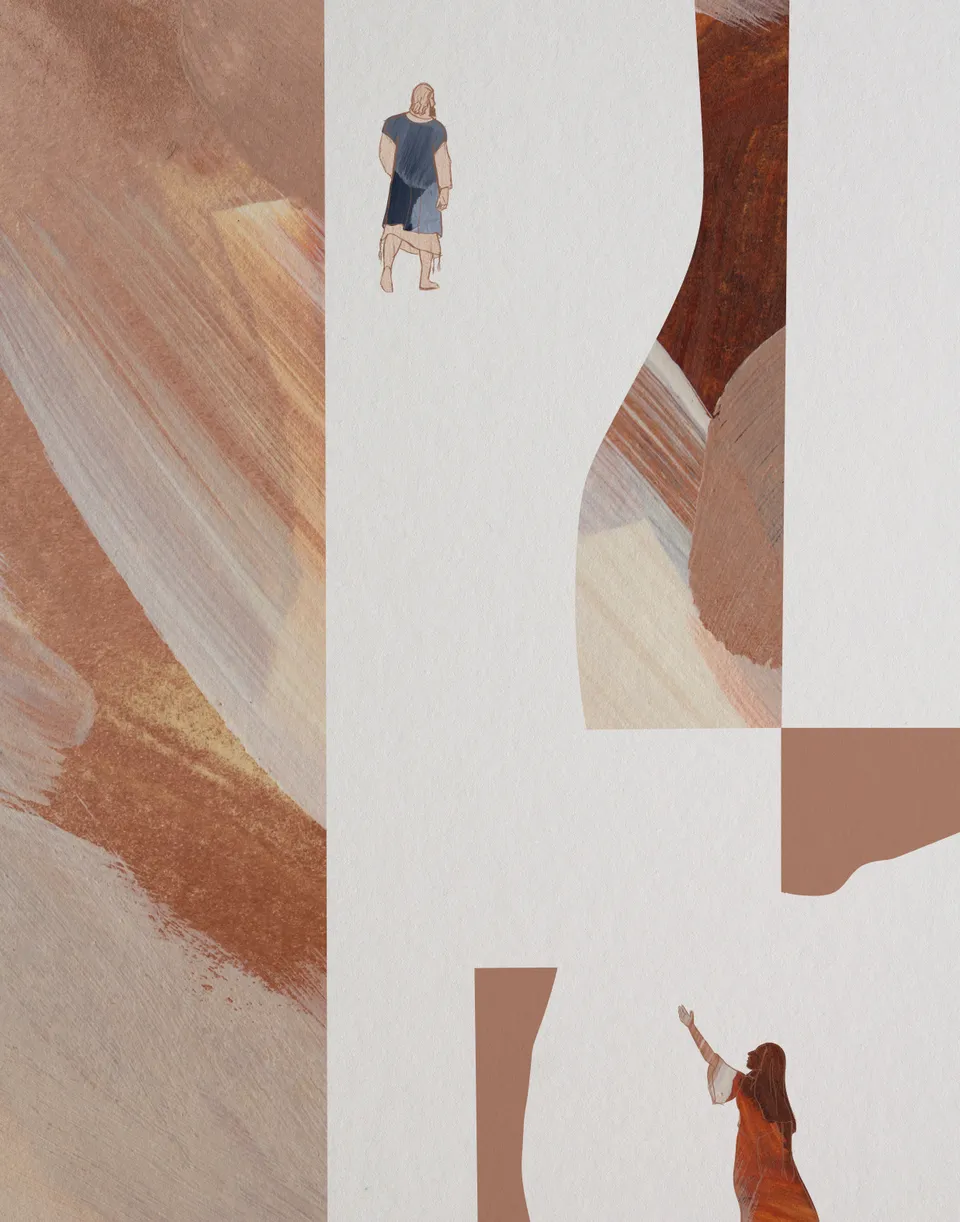 Woman with an Issue of Blood I, the full artwork: a small figure in a blue robe walking away near the top, and a woman in a rust dress reaching up toward him at the bottom, among cut shapes of brushed terracotta and tan on pale paper.