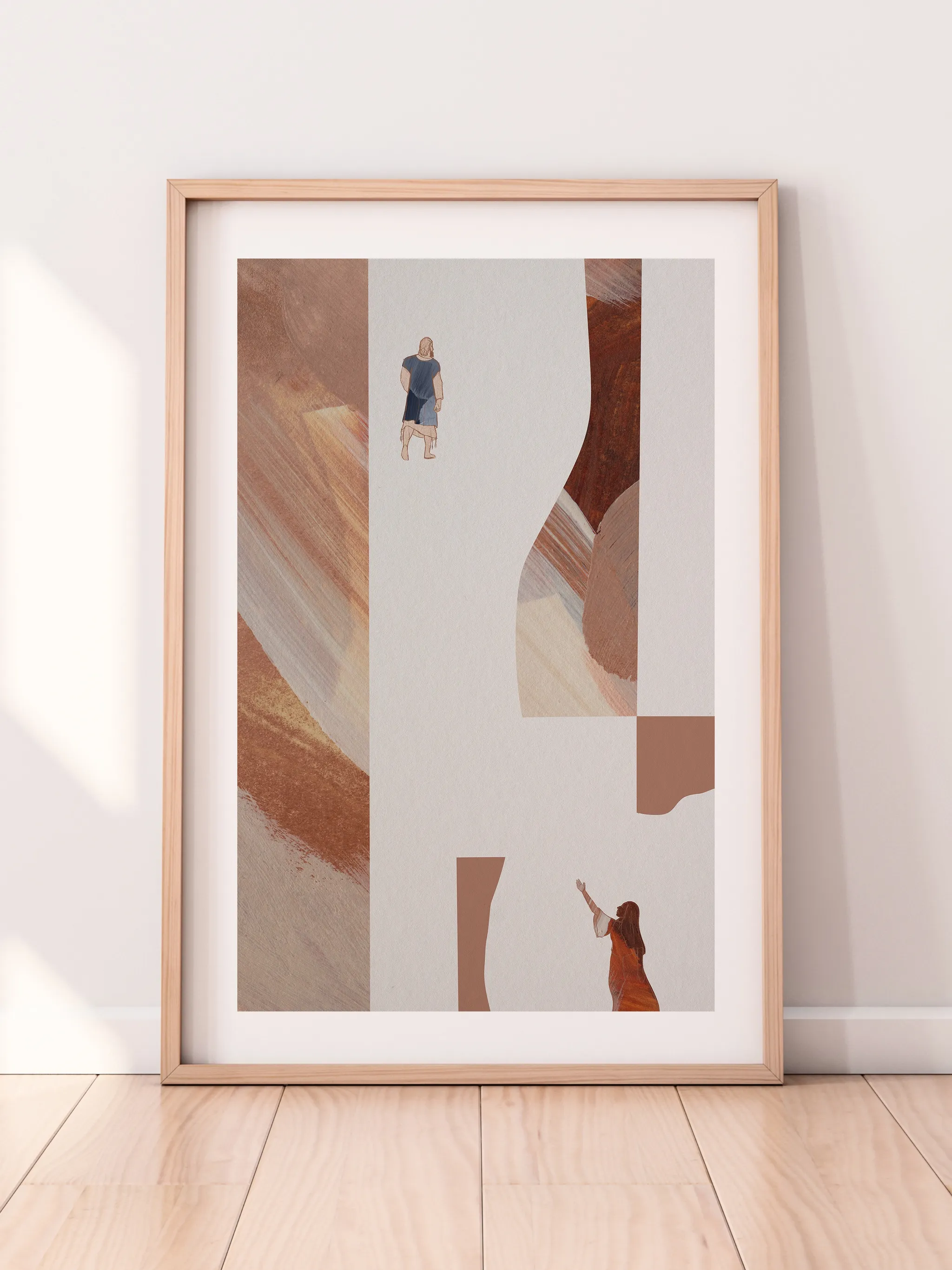 Woman with an Issue of Blood I, framed in light wood with a white mat, leaning against a pale wall on a light wood floor.