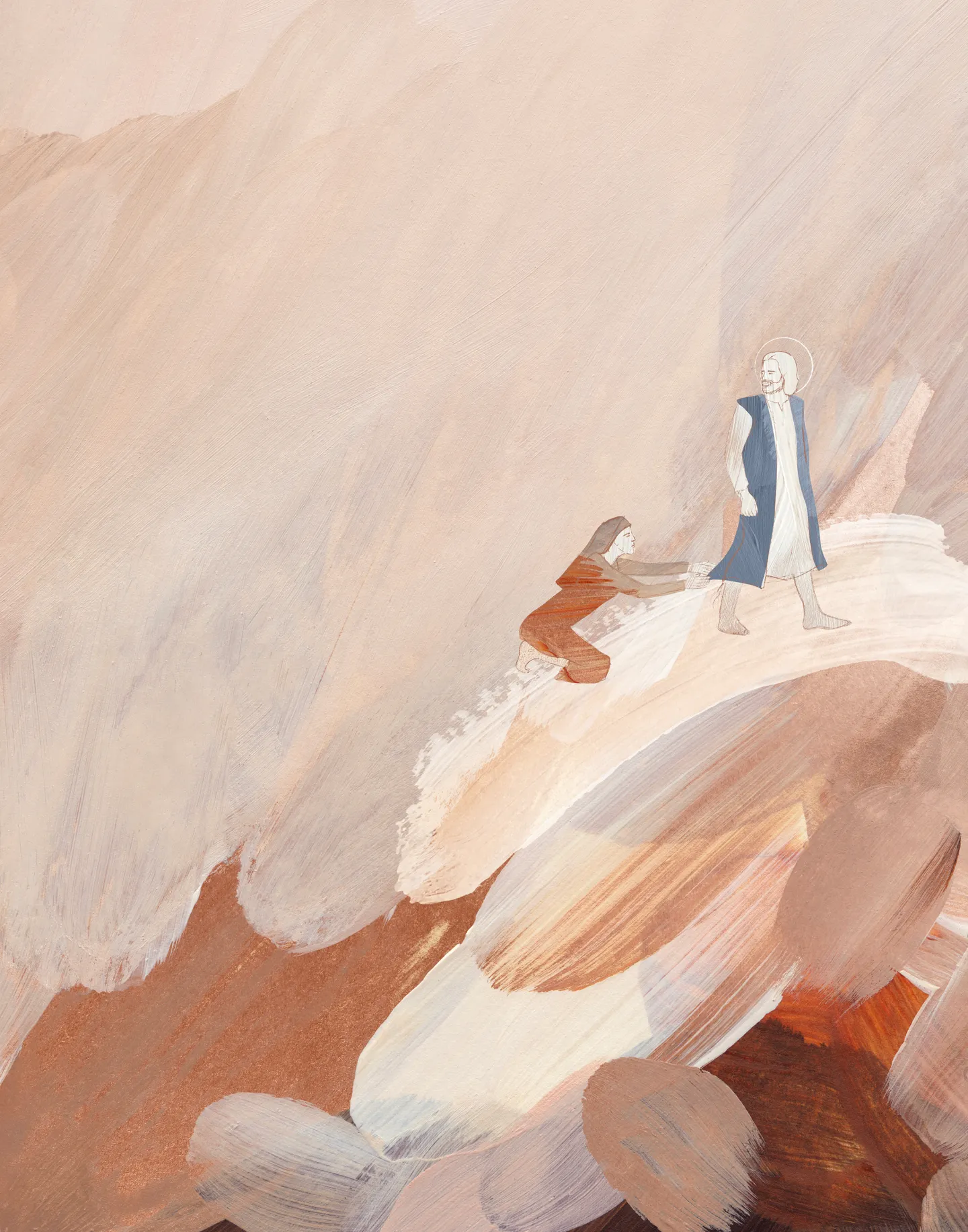 Woman with an Issue of Blood III, the full artwork: Christ with a halo, in a blue and white robe, walking along a sweep of cream and peach, as a woman in rust kneels behind him and reaches for the hem of his robe.
