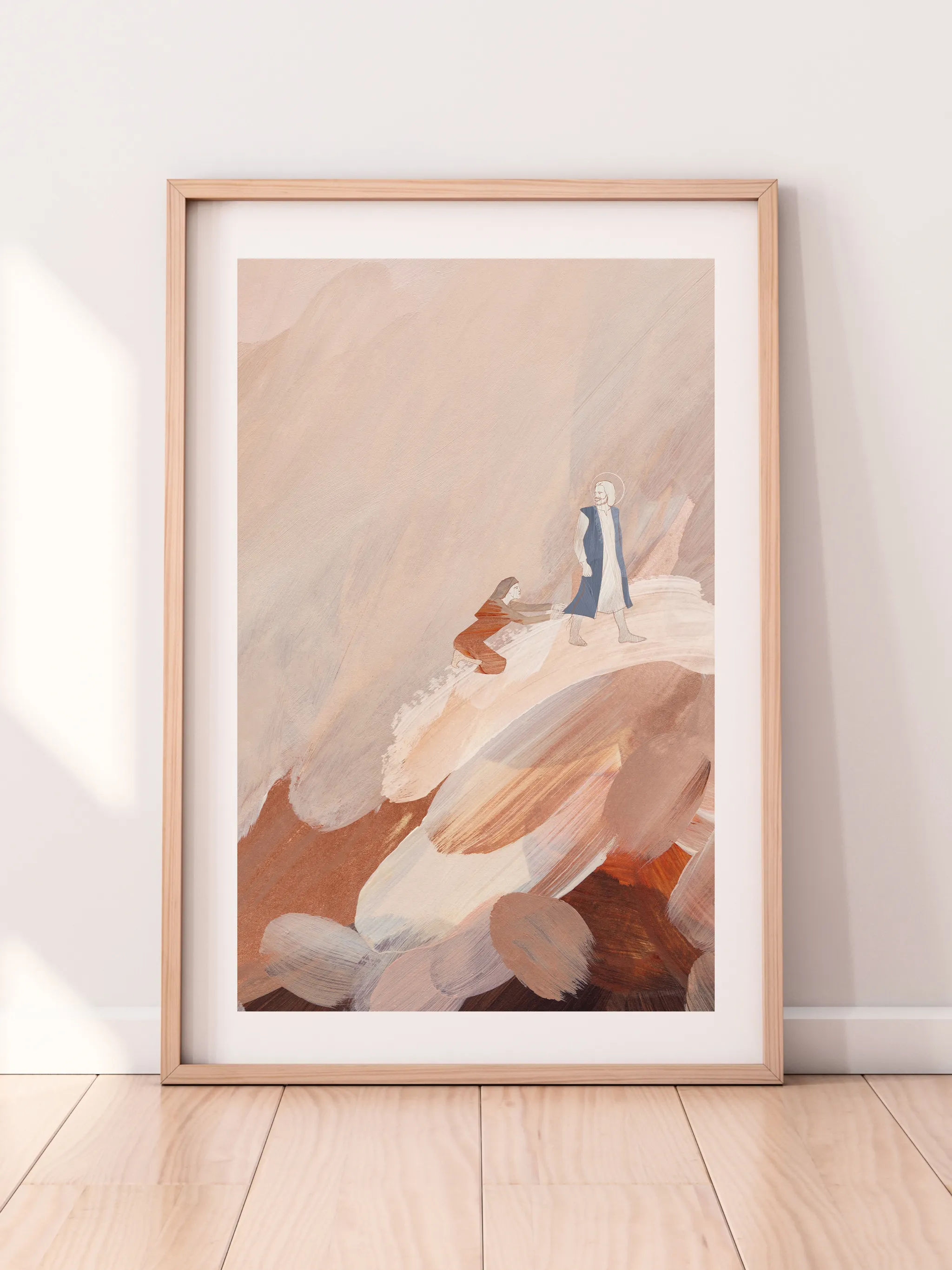 Woman with an Issue of Blood III, framed in light wood with a white mat, leaning against a pale wall on a light wood floor.